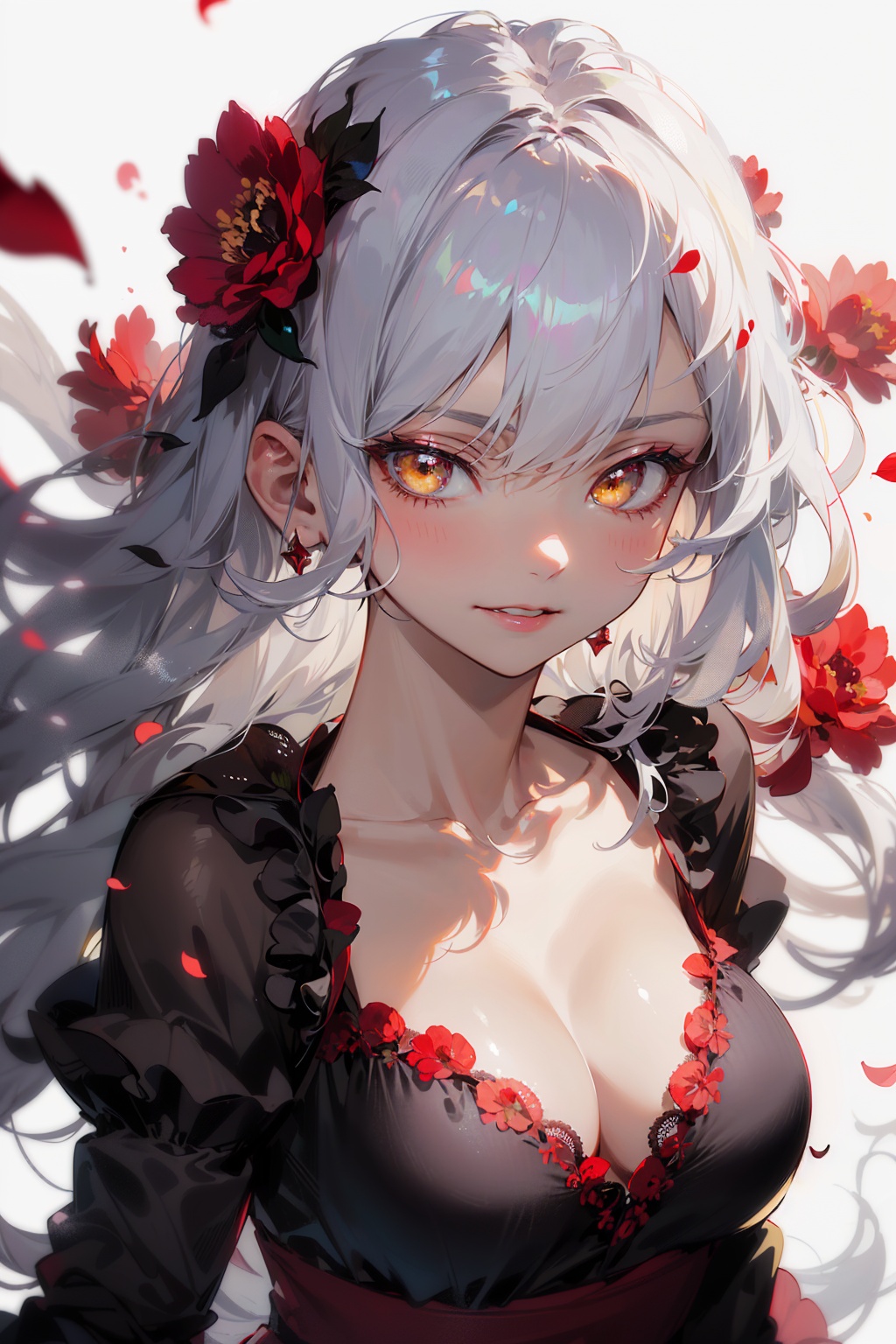 masterpiece,best quality,1girl,solo,looking at viewer,silver hair,yellow eyes,beautiful and detailed face,evil smile,upper body,collarbone,collarbone,large breasts,white long translucent night gown,expressionless,hair cover one eye,long hair,red hair flower,standing,blood,(plenty of red petals:1.35),white background,simple background,