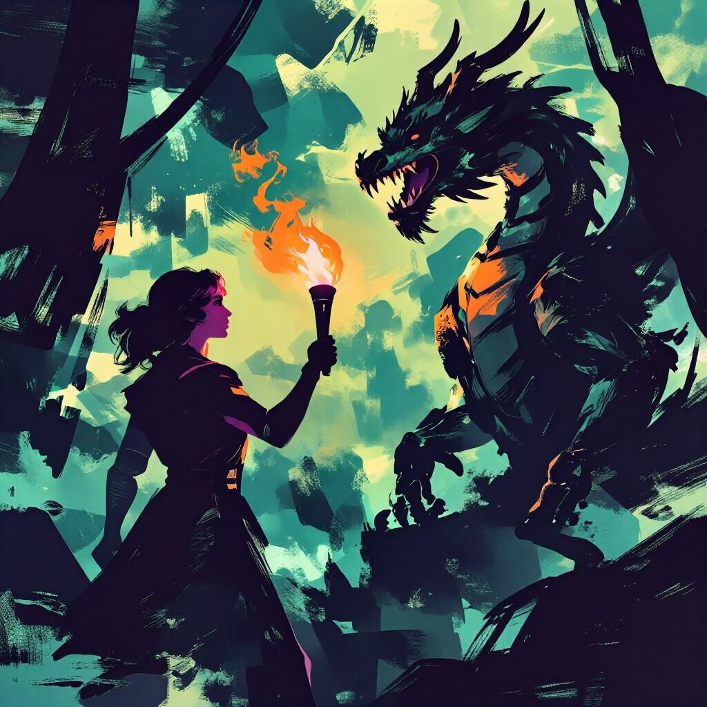 a woman holding a torch confronting a dragon in a dark forest on Tensor.Art