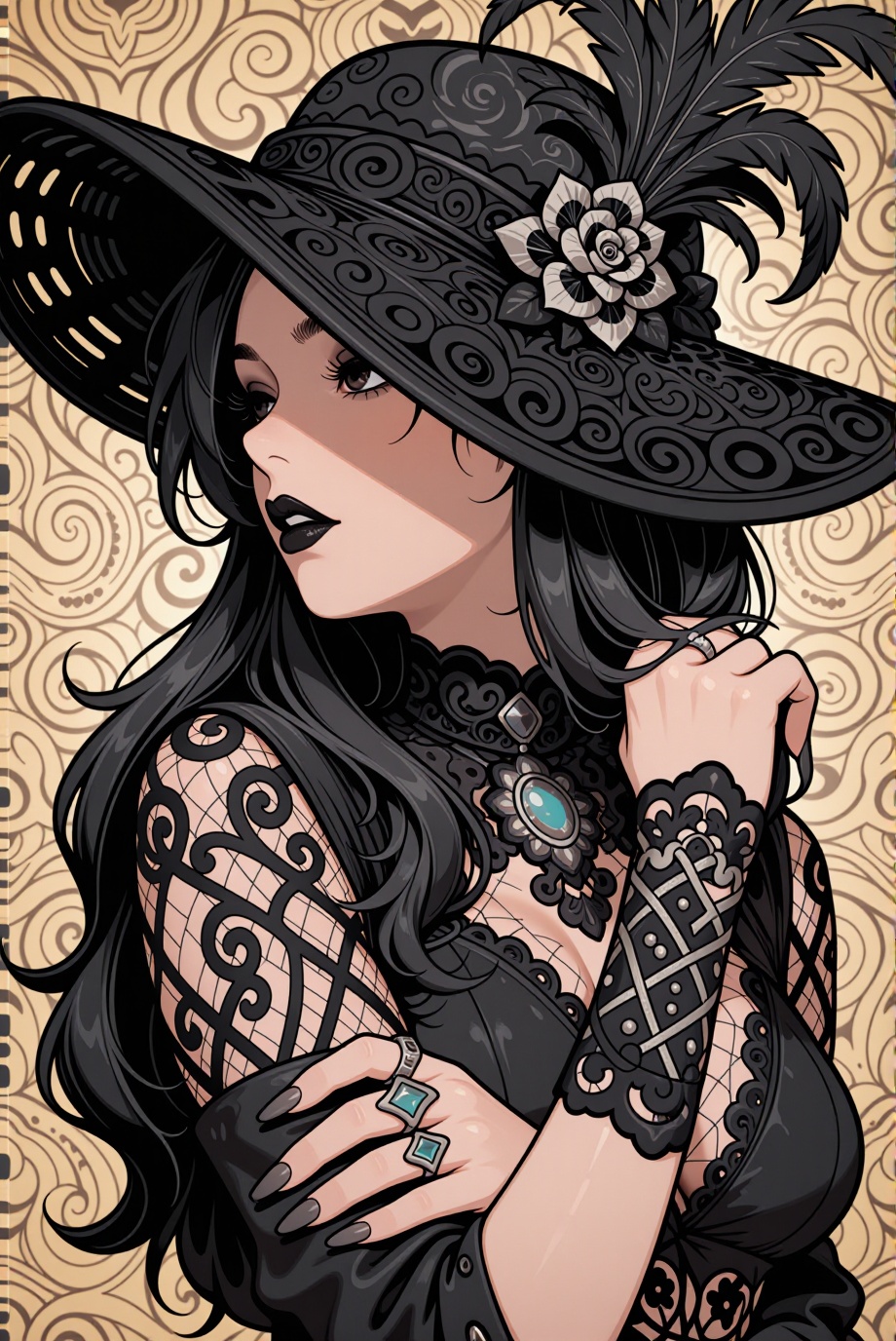 A striking close-up portrait of a mysterious figure,  showcasing a side profile of a woman adorned in an intricately detai...