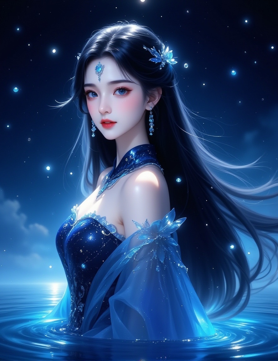 A digital illustration shoot from a profile camera angle about a beautiful asian woman with long black hair and blue eyes,wearing a blue and black dress,standing in the middle of the image. the woman appears to be a young *****,with a calm and serene expression,looking directly at the viewer with her blue eyes. her hair is styled in a long,flowing fashion,and she is adorned with a blue gem on her forehead. she is dressed in a blue dress with a high collar and intricate details,and her bare shoulders and medium-sized breasts are visible. the background is a dark,starry night sky with floating light effects,creating an ethereal atmosphere. the image is highly detailed and has a dreamy,ethereal quality.,1girl,long hair,solo,upper body,blue eyes,hair ornament,water,dress,black hair,closed mouth,earrings,from side,jewelry,looking at viewer,<lora:动漫美女1 (1):1>,