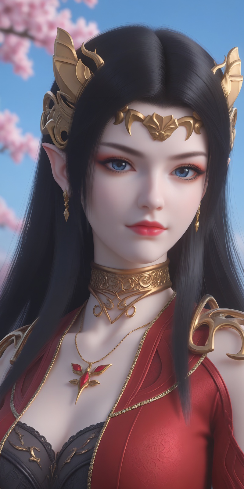 <lora:美杜莎pony-000013:0.6>,meidusha,1girl,jewelry,solo,pointy ears,upper body,black hair,long hair,earrings,necklace,red dress,hair ornament,blue sky,clothing cutout,dress,sky,closed mouth,looking at viewer,breasts,metal collar,collar,blue eyes,depth of field,masterpiece,best quality,very aesthetic,2024,2023,perfect composition,ultra-detailed,extreme aesthetic,(quasarcake:0.7),masterpiece,best quality,good quality,newest,year 2024,year 2023,very aesthetic,absurdres,looking_at_viewer,colorful,