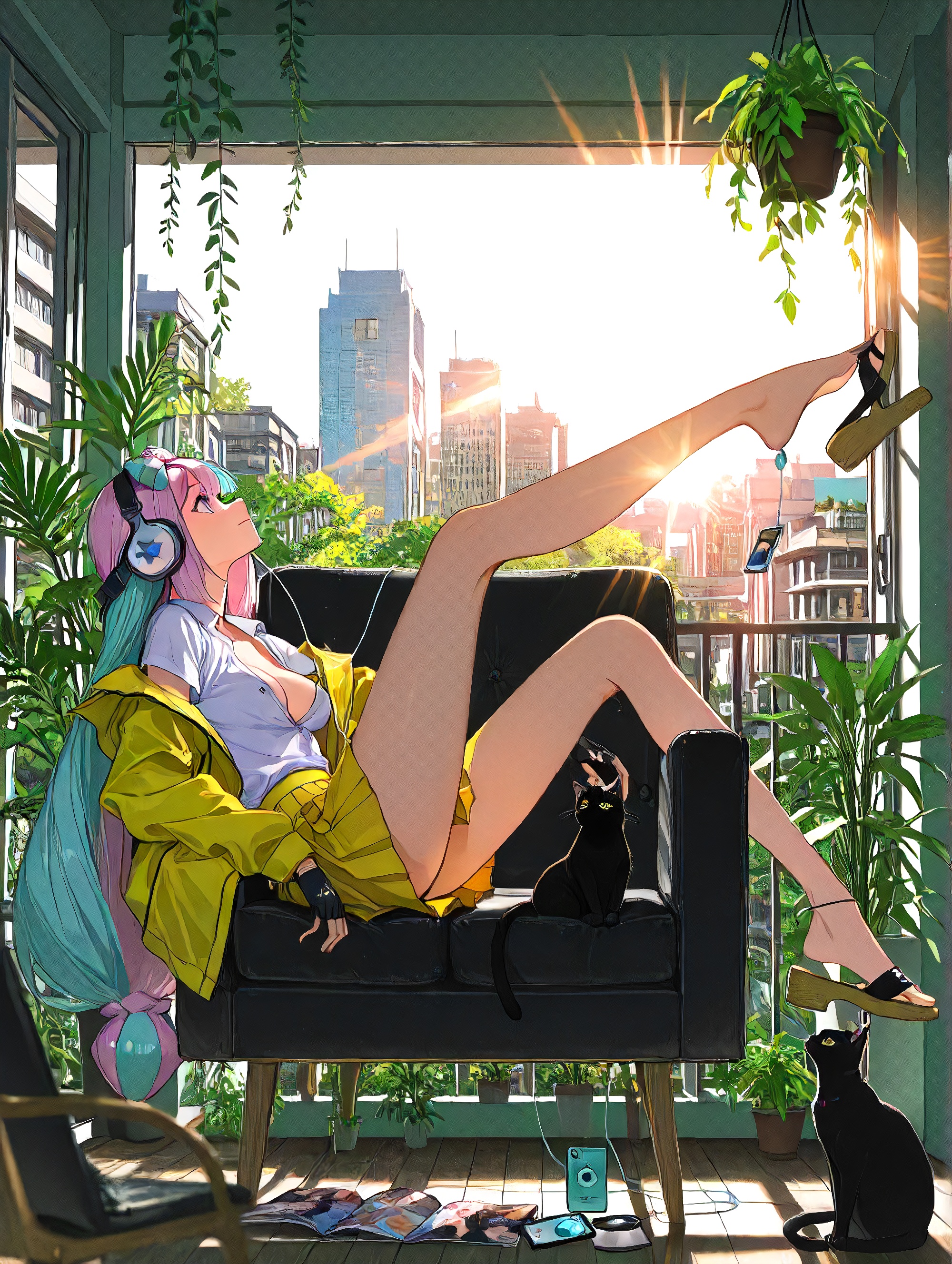 1girl,,iono \(pokemon\),,::, (by ha-ru:0.8), (by mani_oniniku:1.2), (by norari_kuno:0.5), (by haje:0.9), (by iumu:0.9), (by kieta:1.3), (by wadapen:0.8), year 2024,,(foot dangle:1.40), (close-up:0.80), (scenery:1.20), (looking away:1.20), (building:1.20), (sandals:1.20), (plant:1.20), (sunlight:1.20),,from side, in-universe location, looking up, sitting, closed mouth, fingerless gloves, foot dangle, surreal, profile, wide shot, upside-down, knee up,,sharp teeth, multicolored hair, long sleeves, long hair, two-tone hair, yellow jacket, jacket, hair ornament, medium breasts,,miniskirt, yellow skirt, open clothes, pleated skirt, shirt, open shirt, short sleeves, cleavage, white shirt, breasts, barefoot, skirt, headphones,,digital media player, blurry, chair, ipod, plant, indoors, easy chair, black cat, cat, depth of field, magazine \(object\),sunlight, colorful, very awa, masterpiece, best quality, newest, highres, absurdres