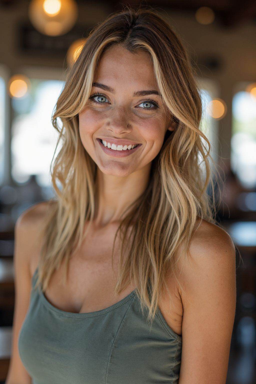 This is a beautiful photograph of a woman,  blonde hair cascading over her shoulders. She is wearing a boatneck dress,  St...