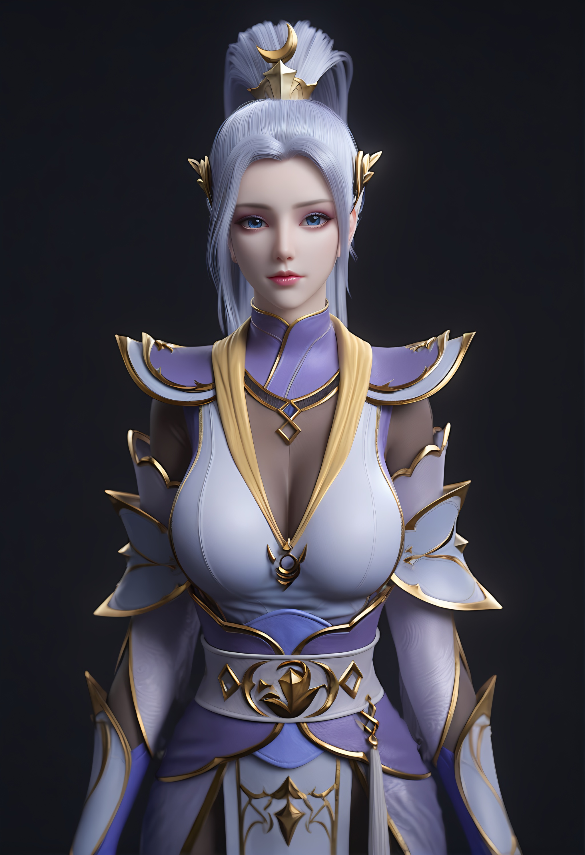 (score_9),vivid colours,Expressiveh,ambient occlusion,((Subsurface Scattering)),female,mature,(mature_female:1.1),<lora:韩月-A-pony:0.86>,hy,1girl,solo,long hair,blue hair,high ponytail,hair ornament,crescent,(crescent hair ornament),shoulder armor,chinese clothes,(black_gloves),pelvic curtain,black thighhighs,<lora:perfect-eyes:0.8>,blue eyes,looking at viewer,front view,glamor,puffy breasts,pointy_breasts,large breasts,<lora:a修手:0.3>,OverallDetail,fair_skin,(white_skin),(Ivory_skin),simple background,black background,<lora:e色温:0.5>,<lora:e肤色滑块:0.5>,<lora:detailed_notrigger:1>,