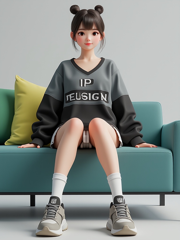 miluo_3d,3D, A cute Asian girl wearing white knee-high socks, a black and gray pleated mini-skirt, a V-neck sweater with the words "IP Design", and sneakers on her feet, is sitting casually in front of an office sofa with green cushions. The image has a 3D character design style, a full-body shot, a solid color background, high-definition photography, realistic skin texture, natural lighting, and high-resolution rendering.  <lora:miluo丨3D 1.3:0.8>