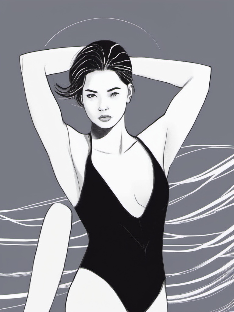 1NK ,  ,  The image a black and white sketch of a young woman in a swimsuit. She is standing with her body slightly turned...