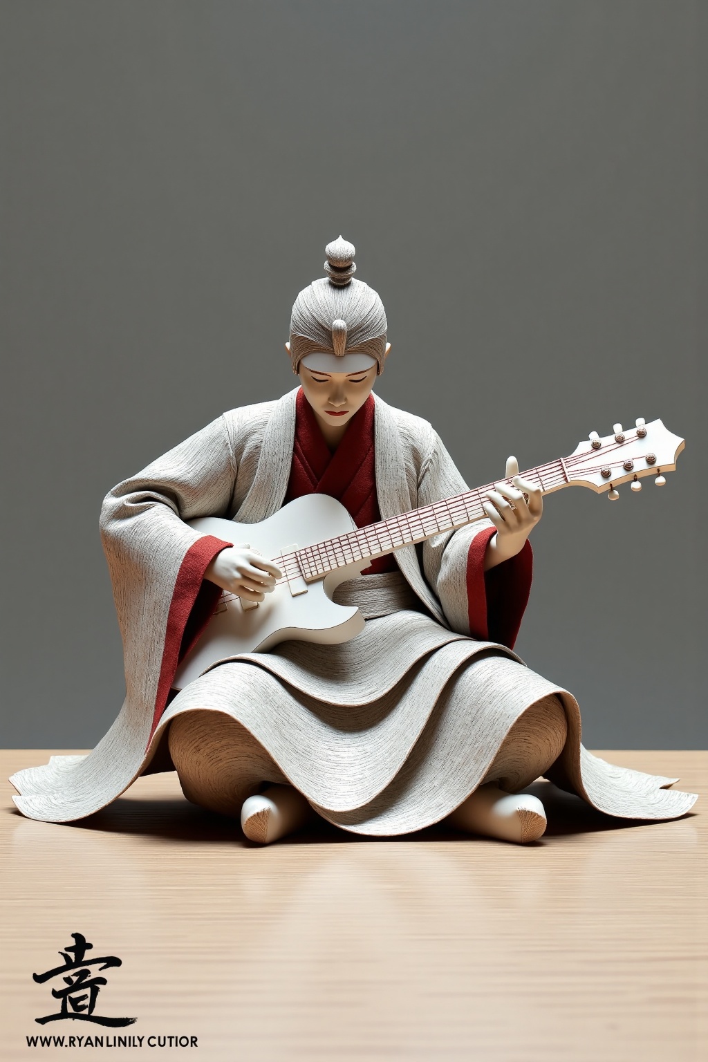 beijihui,a medium-sized Asian figure, dressed in a kimono-**** outfit, is seated on a light-colored wooden surface. The figure's head is adorned with a silver helmet, a red scarf, and a pair of white gloves. His eyes are closed, and his mouth is slightly open. His hands are positioned on either side of the guitar, while his body is positioned in a seated position. The guitar's strings are stretched across the bottom of the frame, adding a touch of depth to the scene. The background is a muted gray, and the figure's attire is reminiscent of a traditional Asian figure. The bottom left corner of the image reads "www.RYAN LINILY CUTIOR" in black letters.