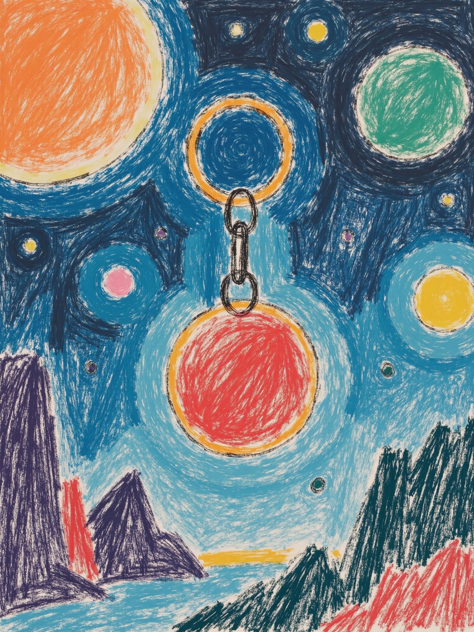 Colorful illustrations, crayon art illustrations for children, vibrant, whimsical,In a delicate and vivid painting, light and shadow interweave a wealth of emotion and depth, creating a high-class and harmonious visual experience. Each element in the picture is carefully arranged to convey a sense of refined life and the ultimate attention to detail. In a surreal and otherworldly scene, a keychain floats in the depths of space. Its intricate design, depicted in shades of orange and red, catches the eye. The Omega rings are visible.