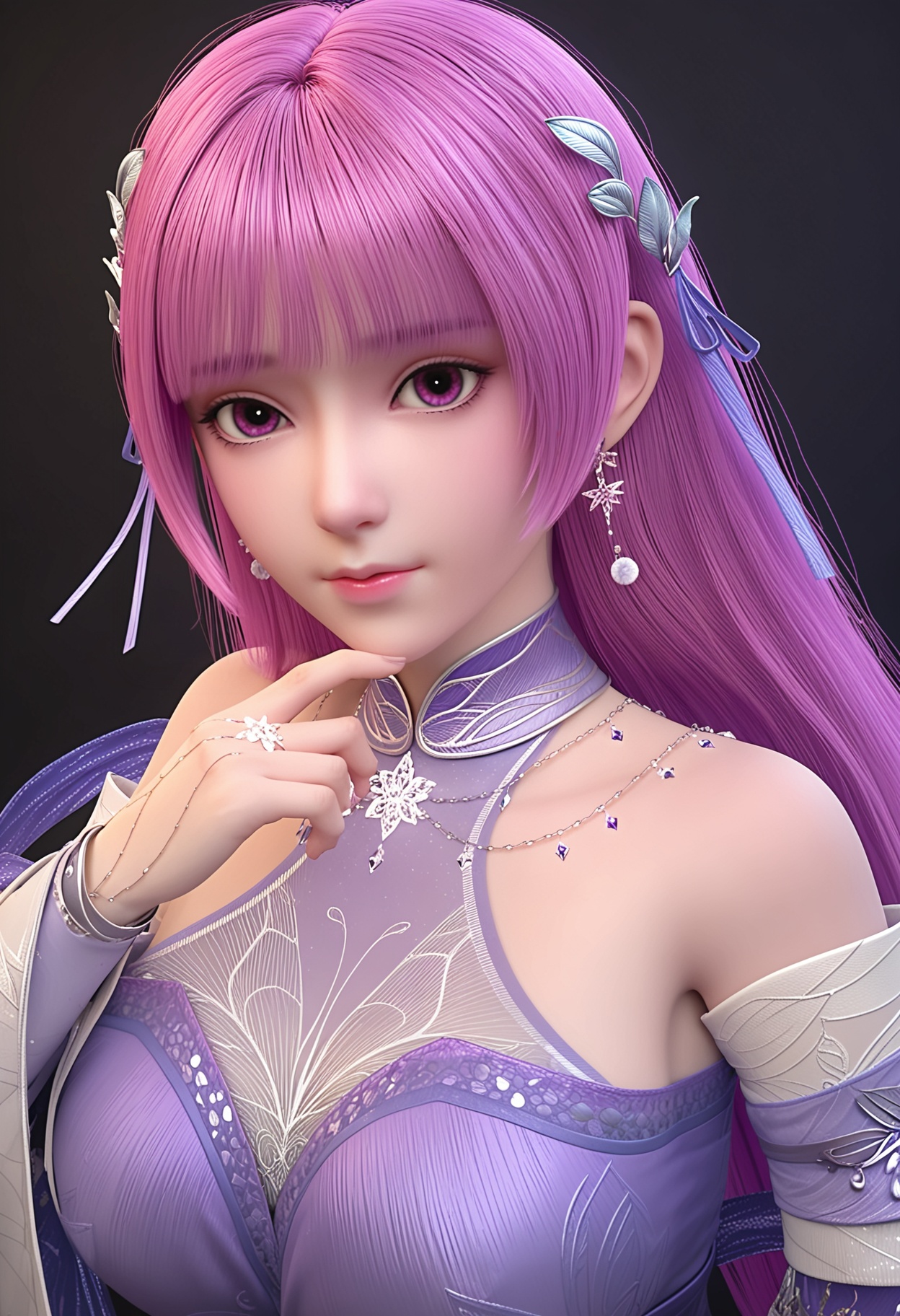 (gigantic breasts:0.6),(upper_body:1.2),(looking at viewer:1.1),facing viewer,direct gaze,<lora:YQ_pony_yeziyun_V4:0.8>,q1528437228,1girl,solo,long hair,hair ornament,jewelry,chinese clothes,dress,earrings,pink hair,purple hair,purple eyes,detached sleeves,blunt bangs,pantyhose,thighhighs,pink eyes,ribbon,wide sleeves,hair ribbon,very long hair,necklace,ring,see-through,shoes,BREAK simple background,pure black background,black background,perfect anatomy,