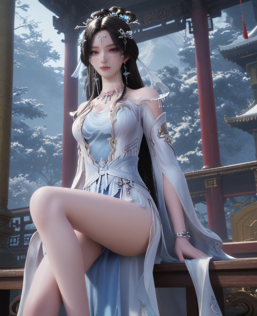 (oriental architecture, elegant decor, sophisticated style:1.1),(Sitting with one leg folded and arms wrapped around the knee:1.1),(breasts:1.2),<lora:XL16遮天安妙依:0.95>,miss anmiaoyi,white sheer fabric dress,light blue camisole,blue eyes,chain drop veil,forehead pendan,black hair,traditional chinese updo with long front strands,very long hair,hair ornament,jewelry,sash,light blue petticoat,, score_9,score_8_up,score_7_up,score_6_up,score_5_up,score_4_up,3d rendering,tag1,tag2, Cinematic Lighting,backlighting,