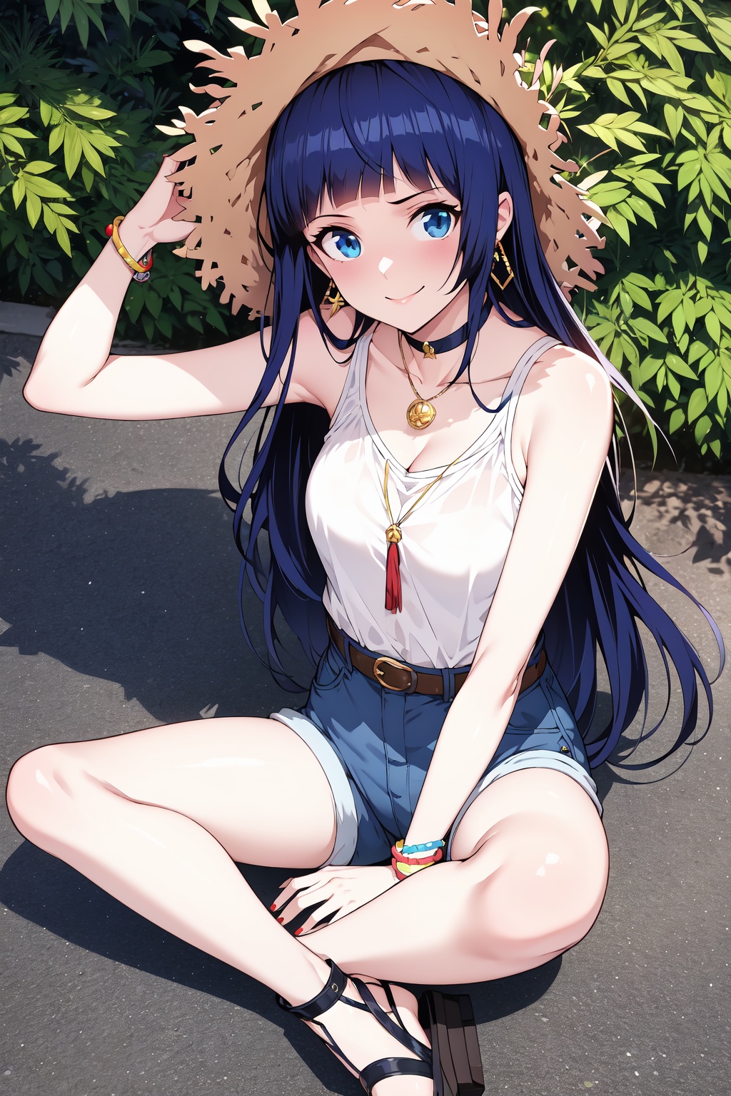 <lora:01熏儿漫画第一版:1>,1girl,solo,breasts,long hair,blue eyes,jewelry,shorts,hat,smile,cleavage,sitting,bangs,looking at viewer,choker,bracelet,sandals,belt,blue hair,straw hat,blunt bangs,outdoors,earrings,denim shorts,denim,short shorts,hand on headwear,blue shorts,collarbone,closed mouth,day,large breasts,shirt,indian style,from above,medium breasts,sleeveless,pendant,sun hat,white shirt,bare shoulders,full body,