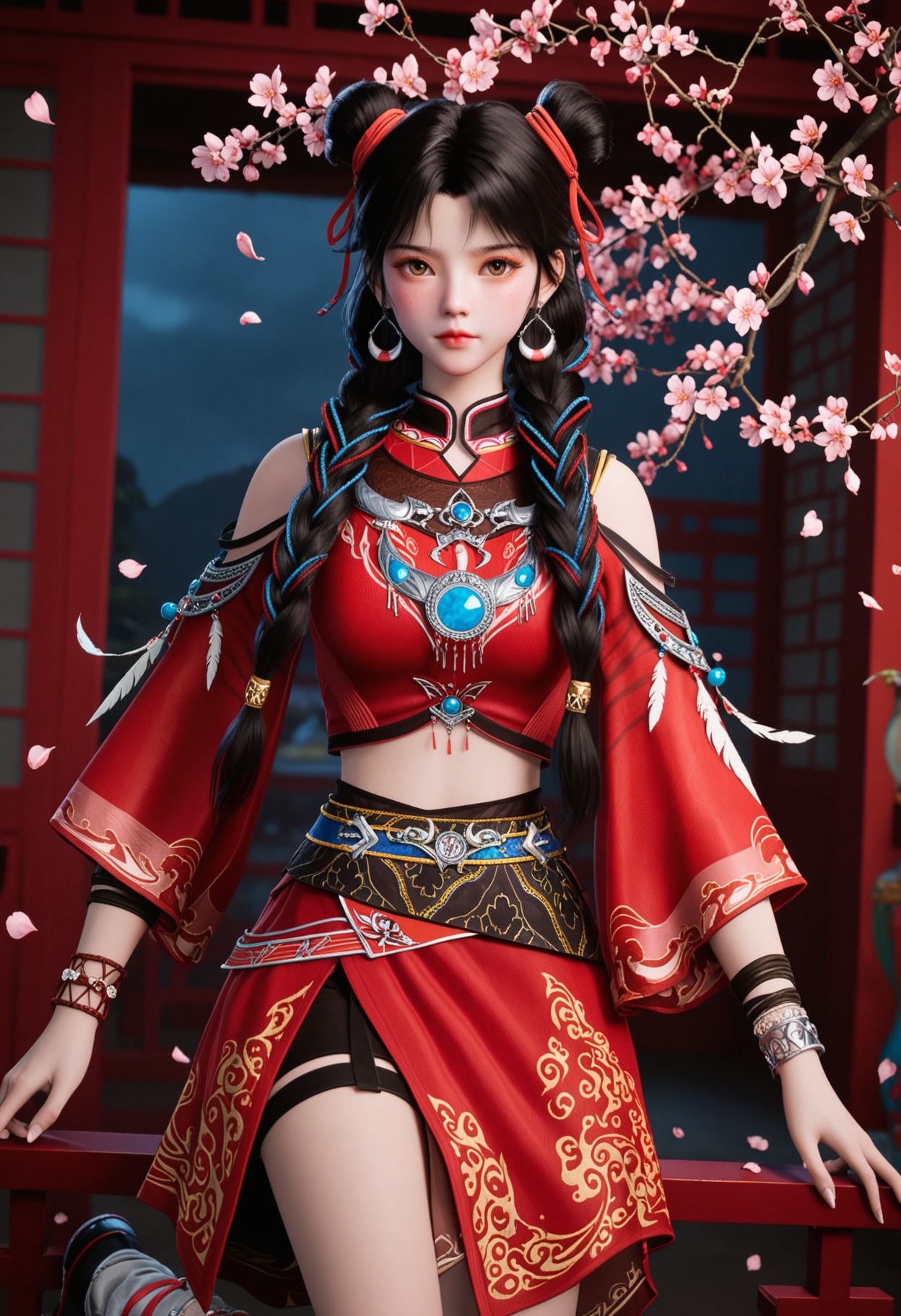 (cowboy shot:1.2),(looking at viewer:1.1),masterpiece,(best quality),smog,Dark room,dim lighting,peach blossom,falling petals,<lora:YQ_Illustrious光辉v5_白落衡_V1:0.8>,q1528437228,solo,1girl,jewelry,black hair,long hair,earrings,hair bun,braid,ribbon,hair ribbon,twin braids,double bun,brown eyes,chinese clothes,multiple braids,bracelet,crop top,skirt,multicolored hair,feathers,dress,red ribbon,red skirt,single hair bun,red dress,hair over shoulder,leg warmers,socks,shirt,brown hair,red shirt,necklace,freckles,shoes,long sleeves,detached sleeves,hair ornament,china dress,black eyes,multi-tied hair,wide sleeves,ribbon braid,black footwear,