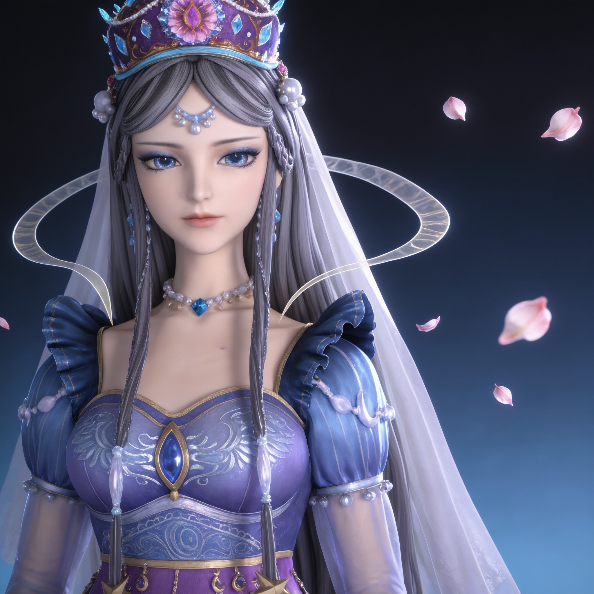 <lora:叶罗丽魔法-时希Pony:0.8> 1girl, long hair, jewelry, grey hair, big eyes,eyelashes,makeup,necklace, blue dress, see-through, long sleeves, puffy sleeves, blue eyes, see-through sleeves, purple dress, braid, veil,high heels,blue footwear,, masterpiece,best quality,amazing quality,very aesthetic,high resolution,ultra-detailed,absurdres,scenery,photorealistic,looking at viewer,moody lighting,peach blossom,falling petals,realistic,photorealistic details,, solo,upper body,looking at viewer,gradient background,gradient,blue background,black background,