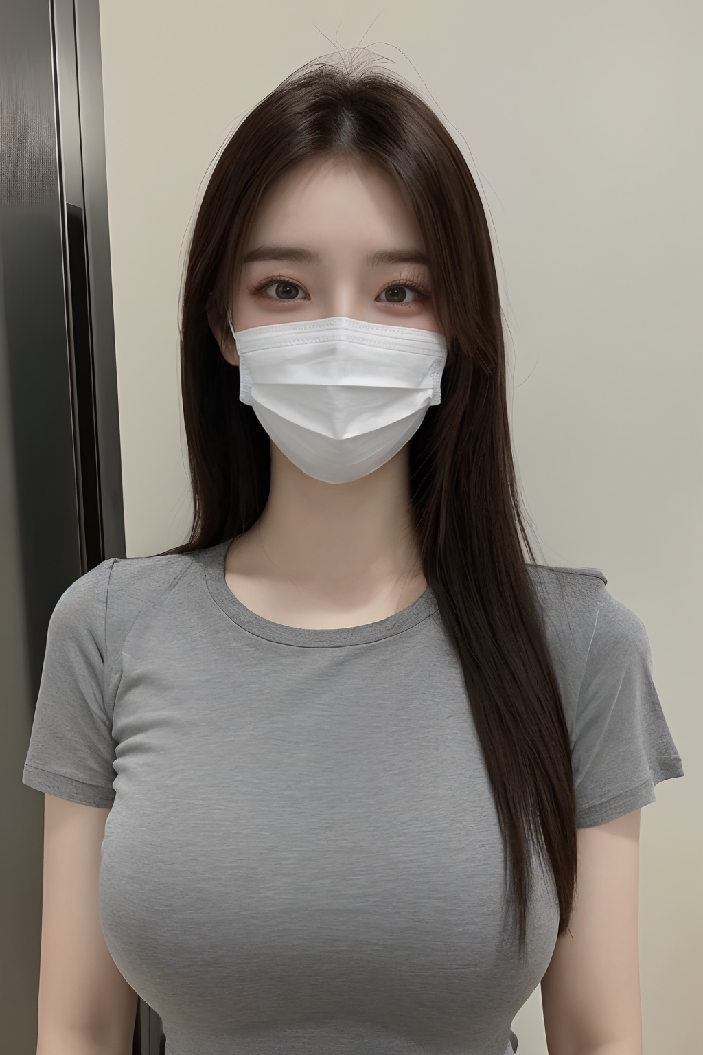 1girl,large breasts,collarbone,covered_mouth,gag,gagged,improvised_gag,long_hair,mask,large breasts,mouth_mask,realistic,shirt,solo,surgical_mask,tape,tape_gag,Sling，<lora:meinv45:0.7>,