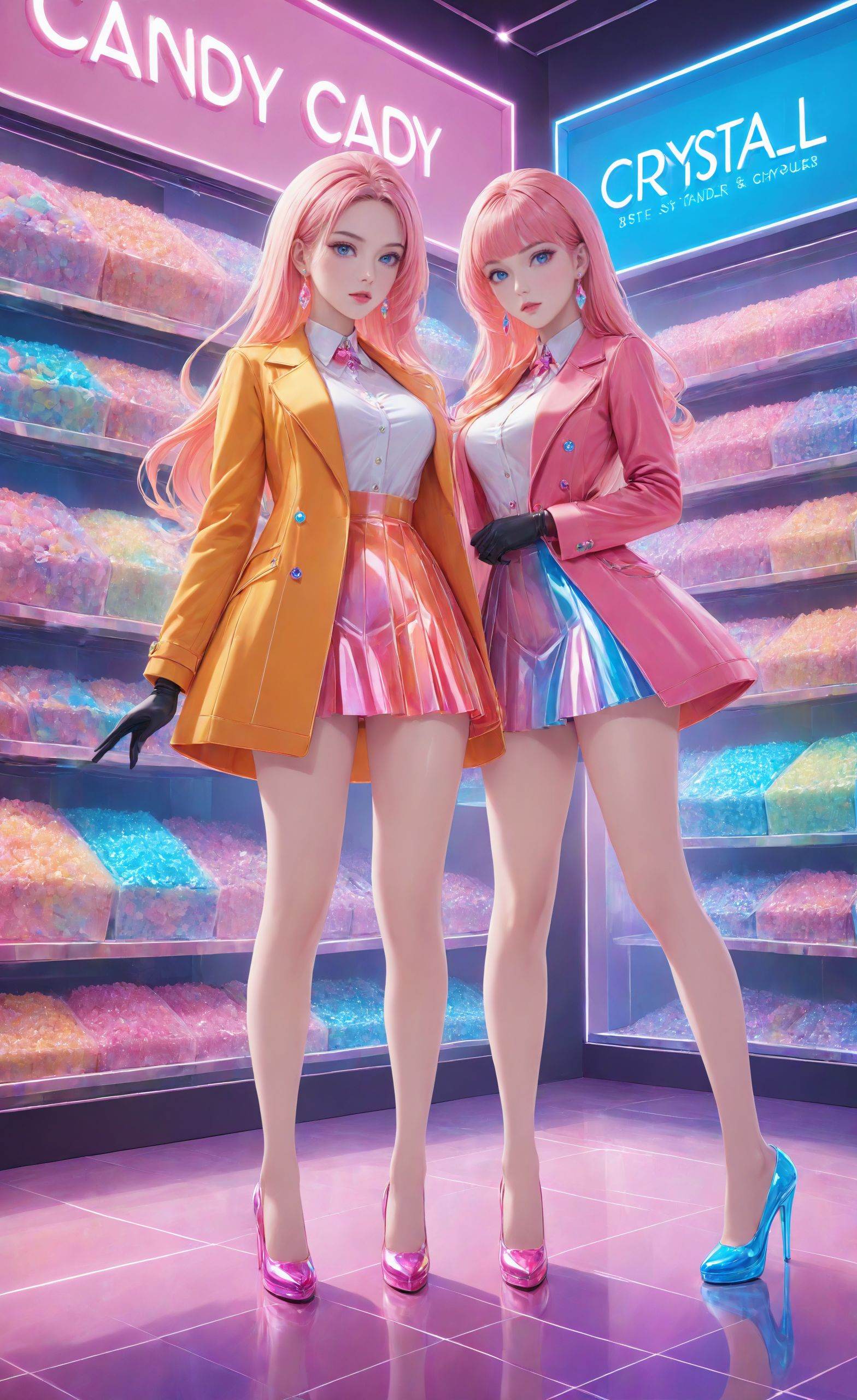 masterpiece,bestquality,candy lady,two candy ladies,sci-fi crystal background,elegant full body posture,slender legs,crystal shoes,<lora:20240730-1722271406618:0.6>,