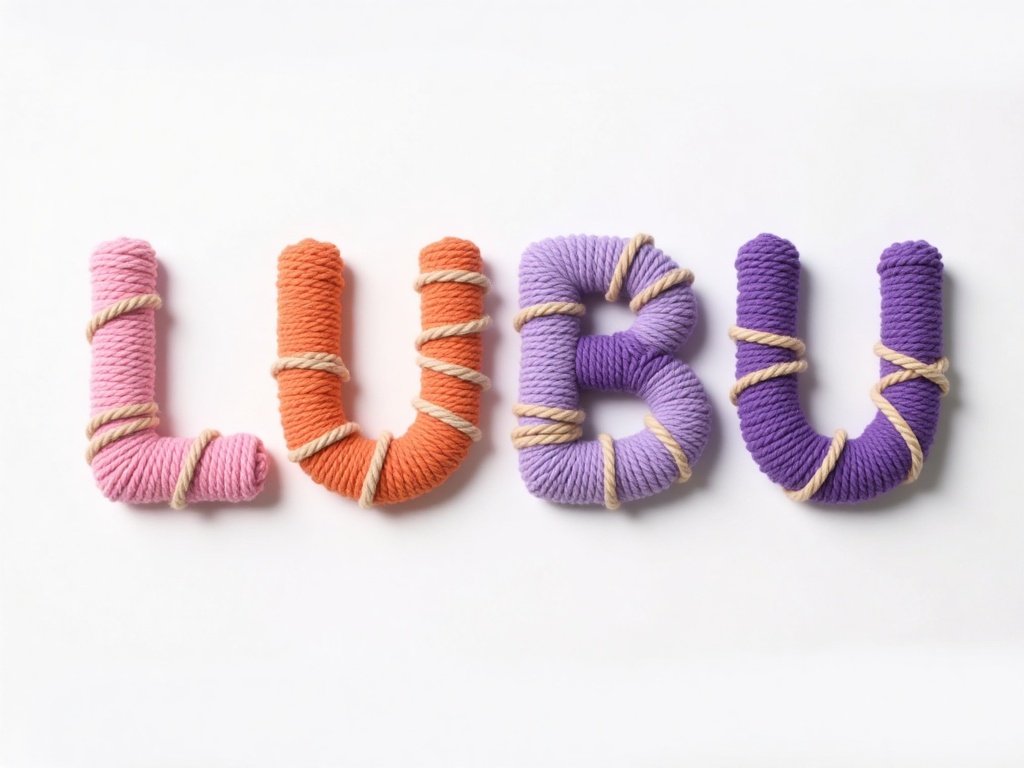 IPBD,Photograph of a hand-knitted word "LUBU" on a white background. The letters are crafted from yarn in pastel colors: "L" in pink, "U" in orange, "B" in purple, and "U" in lavender. Each letter is knitted with a textured, ribbed pattern, with beige yarn used for the outlines and connections. 