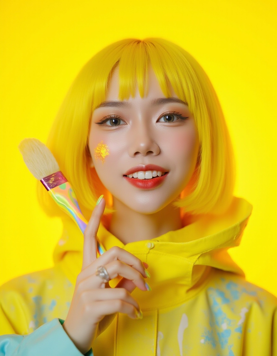 Masterpiece, Top quality, beautiful Korean woman, doll-like face, clean skin, neat lemon yellow bob cut splattered with glowing paint, bright mischievous creative smile, school art club smock-style power suit, tough canvas-like armor, active pose, holding a giant high-tech paintbrush dripping with glowing multi-colored paint near her face, intensely saturated monochromatic bright yellow background, POV, high angle, face-focused close-up, looking up at viewer