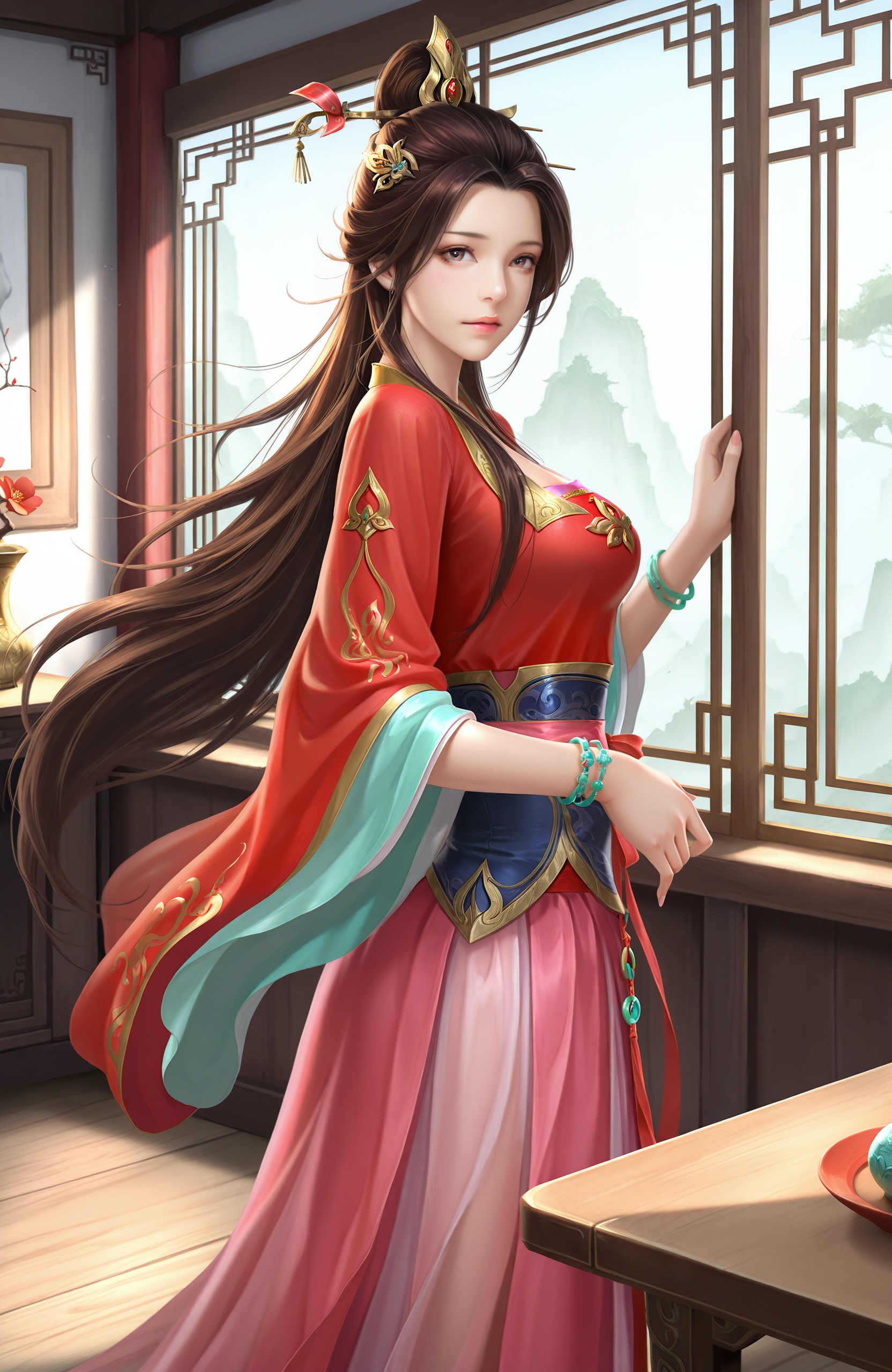 masterpiece,best quality,amazing quality,<lora:guf-ill-000008:0.9>,1girl,solo,long hair,bracelet,hair ornament,chinese clothes,brown hair,jewelry,trundle,indoors,dress,window,skirt,looking at viewer,table,hanfu,long sleeves,