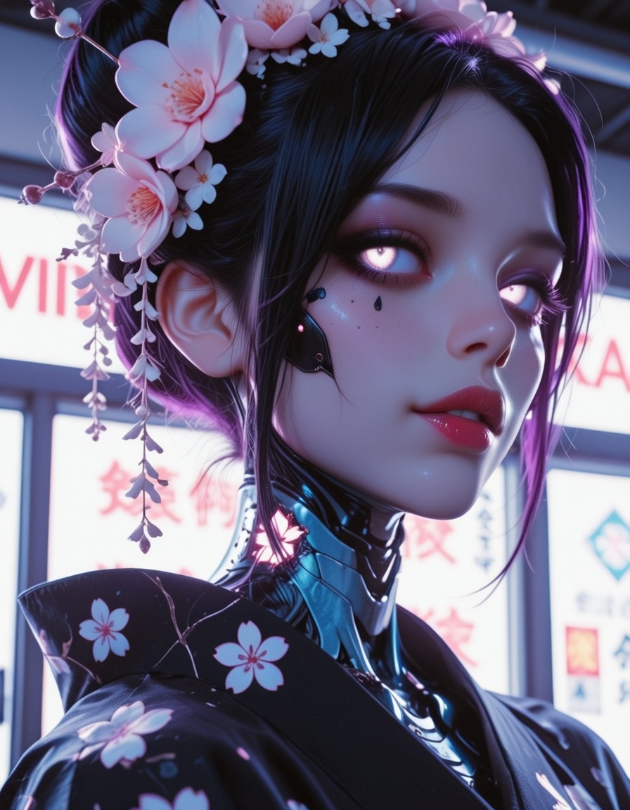 detailed Japanese-inspired illustration with sci-fi elements,  close-up portrait of a woman wearing a black silk kimono fu...