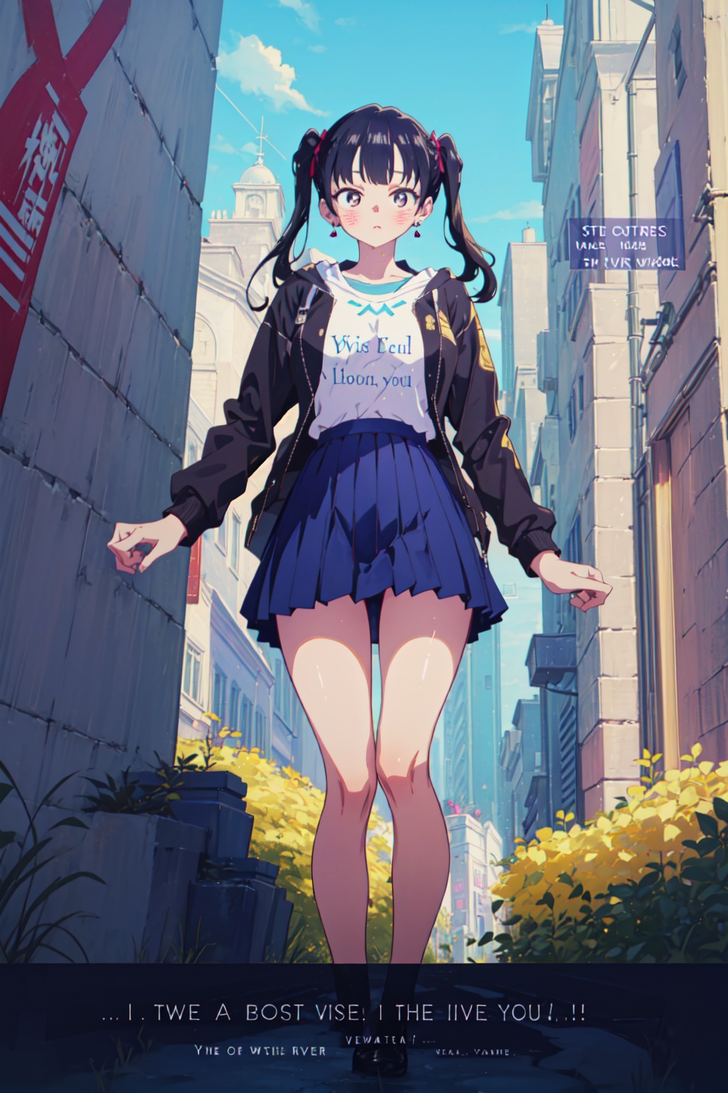 1girl,looking at viewer,solo,<lora:ANNA:0.8>,Anna_CYQL,black hair,twintails,low twintails,long hair,bangs,brown eyes,jewelry,earrings,blush,(metallic blazer with a high-waisted skirt and pumps.:1.1),(light_blush straddling panorama foreshortening:1.1),beautiful face,beautiful eyes,glossy skin,shiny skin,Meadow, Flowers, Mountains, Grass, Bees, Colors, Serenity, Breeze,Heather blooms, Coastal cliffs, Ocean views, Coastal breeze, Heather carpet, Cliffside panorama,beautiful detailed sky,beautiful detailed glow,(movie poster:1.2),(English text:1.8),(border:1.3),posing in front of a colorful and dynamic background,(masterpiece, best quality, beautiful and aesthetic:1.3),contrapposto,female focus,fine fabric emphasis,wallpaper,fashion,intricate_detail,finely_detailed,fine_fabric_emphasis,(glossy),<lora:增强减少细节add_detail:0.4>,