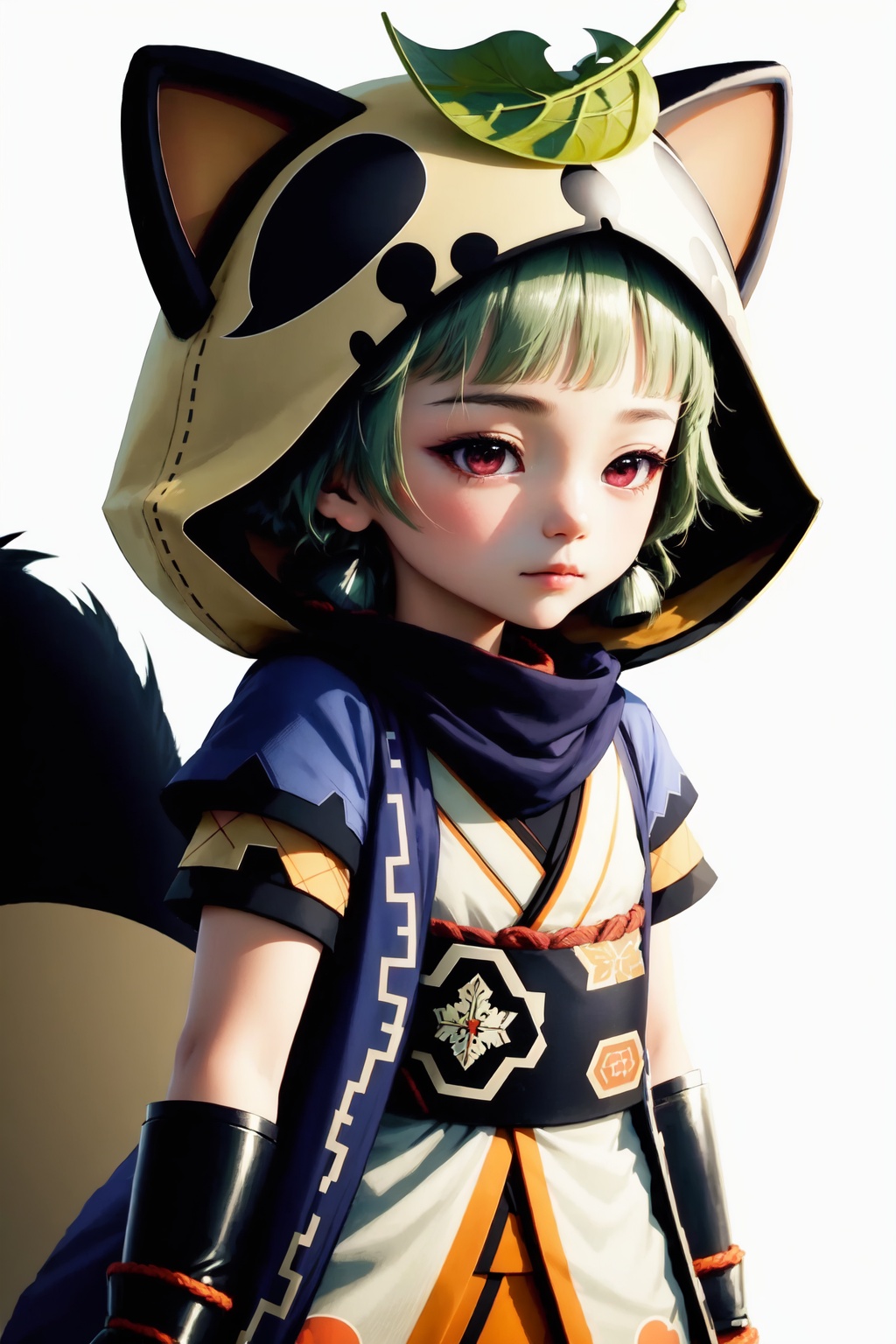 sayu_(genshin_impact),1girl,solo,short_sleeves,simple_background,fake_tail,raccoon_tail,looking_at_viewer,leaf_on_head,black_gloves,fingerless_gloves,animal_hood,japanese_clothes<lora:sayu_(genshin_impact):1>,simple background,white backgroundmasterpiece,best quality, highly detailed, 