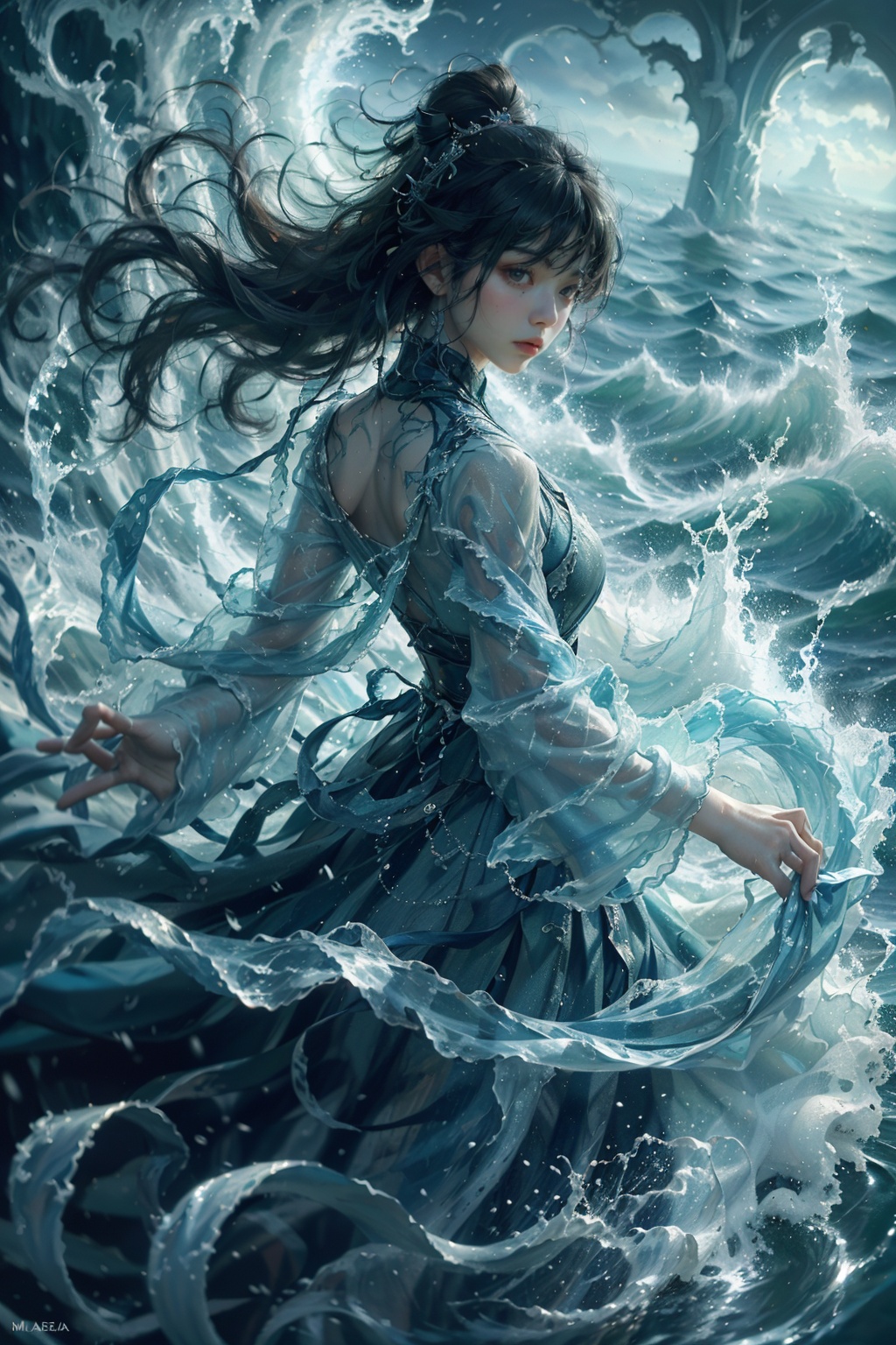haifeisiv6,  painting of a woman in a blue dress floating in the ocean,  cgsociety and fenghua zhong on Tensor.Art
