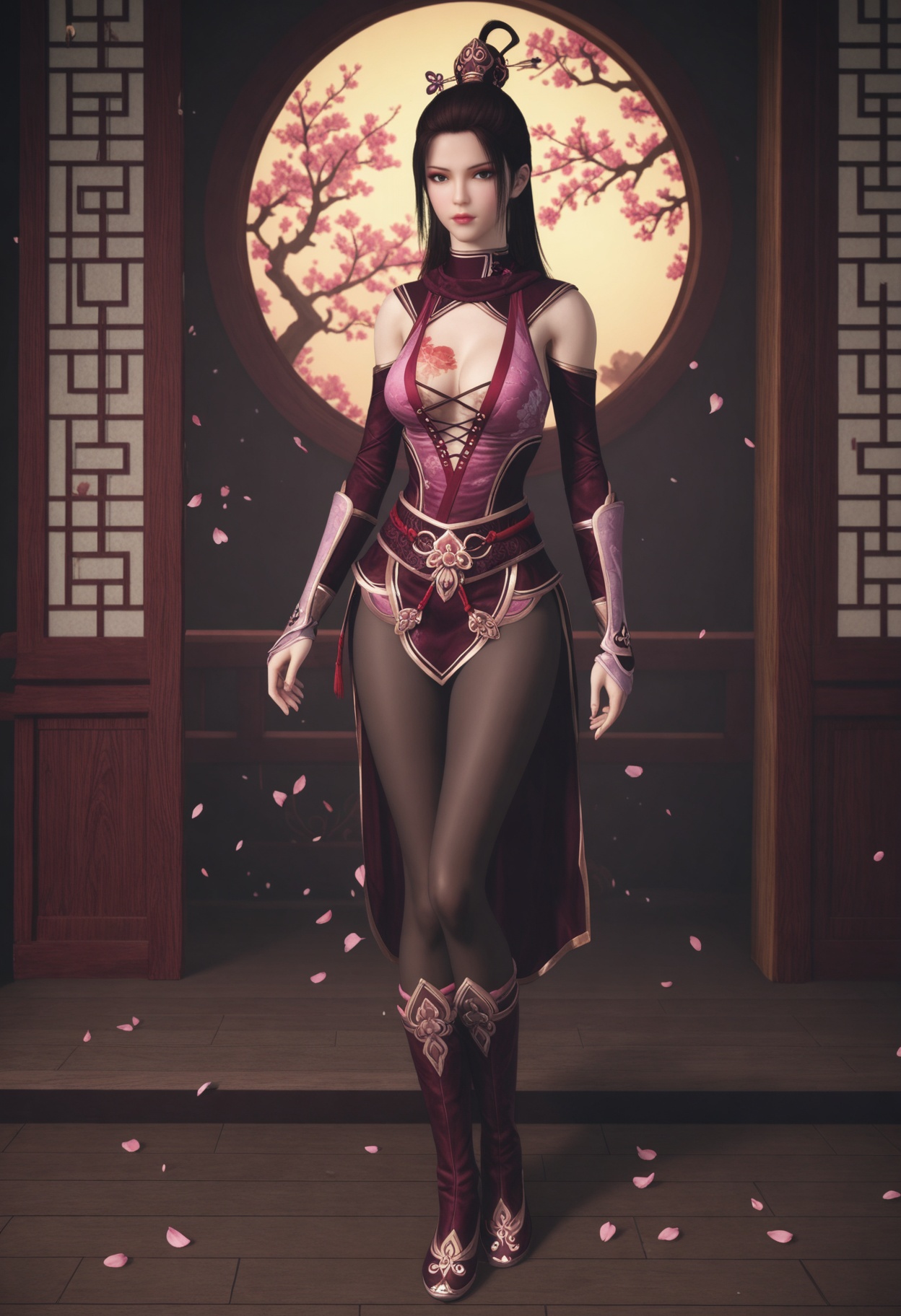 (standing full_body:1.1),(looking at viewer:1.1),masterpiece,(best quality),smog,Dark room,dim lighting,peach blossom,falling petals,<lora:YQ_Illustrious光辉v5_玄净天_V1:0.8>,q1528437228,1girl,solo,long hair,black hair,makeup,breasts,hair ornament,tattoo,brown hair,black eyes,detached sleeves,dress,chinese clothes,brown eyes,gloves,scarf,boots,pantyhose,elbow gloves,sleeveless,hair bun,