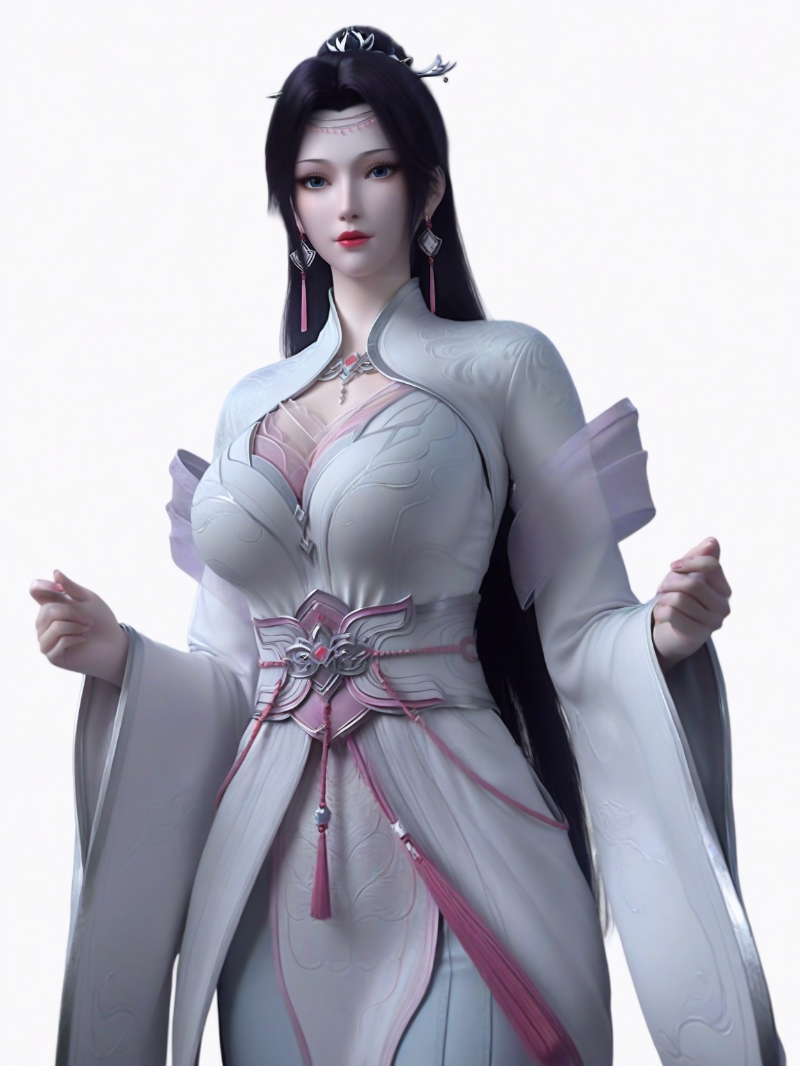 score_9,1girl,solo,dress,long hair,earrings,hair ornament,eyelashes,large breasts,standing,wide sleeves,lipstick,looking at viewer,white background,simple background,cowboy_shot,<lora:SF_YunYun_HuaZong_Pony_Realism2.3-000003:0.7>,