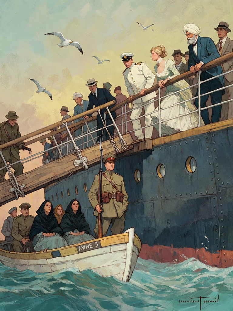 Bradhamel art style. A detailed painting of a bustling maritime scene at dawn,  depicting a large ocean liner with its upp...