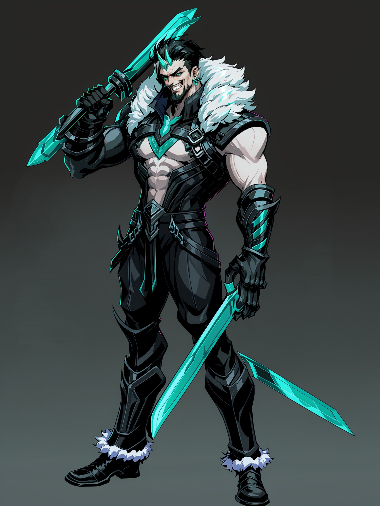 HEZI, Valenlott style, European and American cartoon character design, cutting, dividing, angular, features, solo, weapon, 1boy, male focus, muscular, pants, abs, muscular male, jacket, facial hair, teeth, holding, mature male, biceps, beard, black hair, pectorals, smile, gloves, black jacket, gradient, holding weapon, open jacket, gradient background, looking at viewer, simple background, black background, sword, crown, jewelry, green eyes, glowing, no shirt, over shoulder, colored skin, grey background, weapon over shoulder, earrings, manly, open clothes, grin, full body, bara, thick arms, piercing, fur trim, bangs, shoes, alternate costume, gauntlets, large pectorals, standing, black pants, collar, long hair, black gloves, thick eyebrows, green background, ear piercing, blue eyes, short hair, glowing eyes, sharp teeth, white background, glowing weapon, medium hair, horns, black footwear, holding sword, fang, navel, shoulder pads, fur-trimmed jacket, grey hair, bare pectorals, mustache, spiked hair, feet out of frame, armor, single horn,<lora:欧美卡通人物设计V2版本-000012:0.7>,