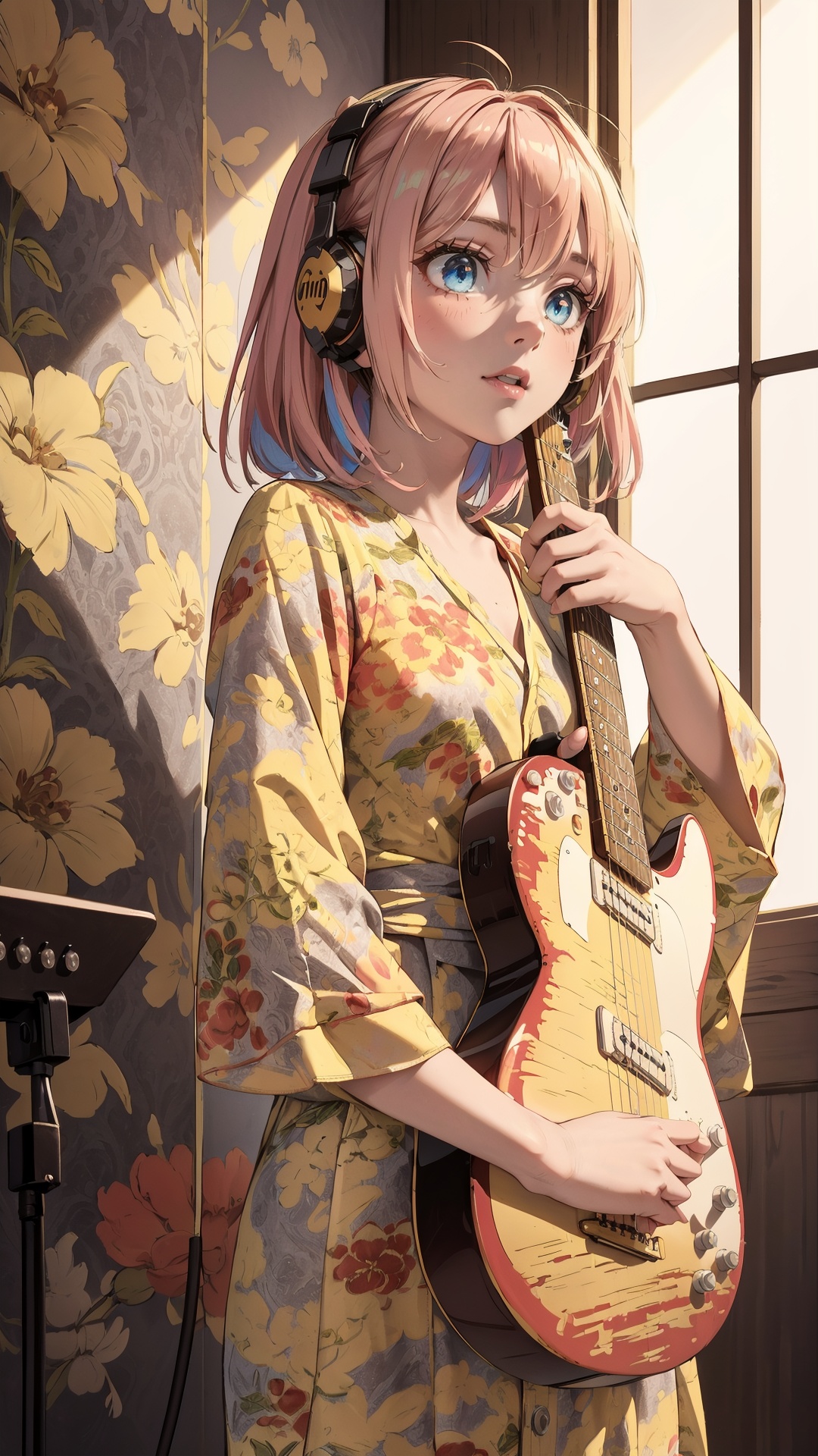 tutututu,dress,yellow flower dress,long sleeves,obi,<lora:yellow_dress_V2-000006:0.65>,1girl,((cinematic light)),colorful,hyper detail,dramatic light,intricate details,best quality,(wallpaper, masterpiece, best quality, ultra-detailed, best shadow),(detailed background:1.4),(beautiful detailed face, beautiful detailed eyes),high contrast,(best illumination, an extremely delicate and beautiful),(girl:1.5),solo,blue eyes,electric guitar,guitar,headphones,holding,holding plectrum,instrument,long hair,music,one side up,pink hair,playing guiter,indoors ((caustic)),dynamic angle,beautiful detailed glow,full body,cowboy shot,