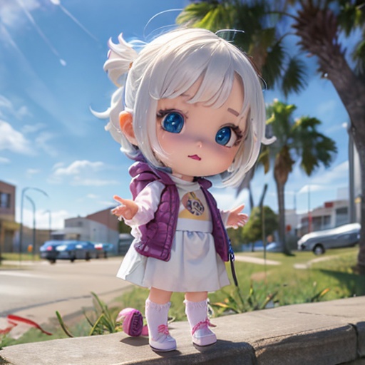 stitches,Big head doll, big head, small body, cute,Doll Body,Empty-handed,No items in hand,No object in front of you,Big head doll,big head, small body, Mini Body,top-heavy,cute,Doll Body,Short hands, short feet,Short legs,(masterpiece:1.331), best quality,1 girl,white skirt,white shoes,Knee socks,backpack,Umbrella,grass