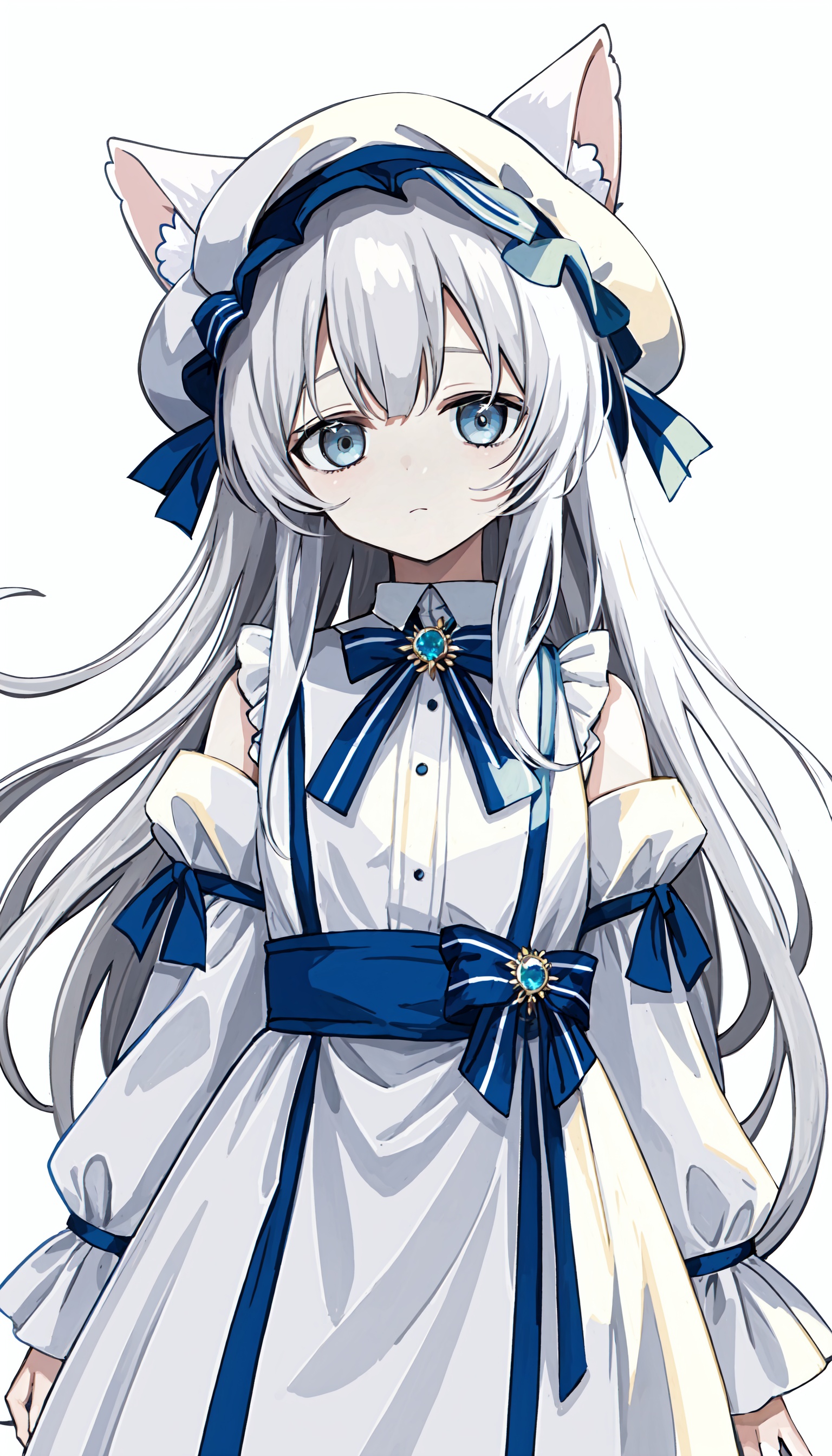 1girl, solo, animal ears, long hair, grey eyes, white hair, very long hair, closed mouth, white background, dress, jewelry, bangs, white headwear, white dress