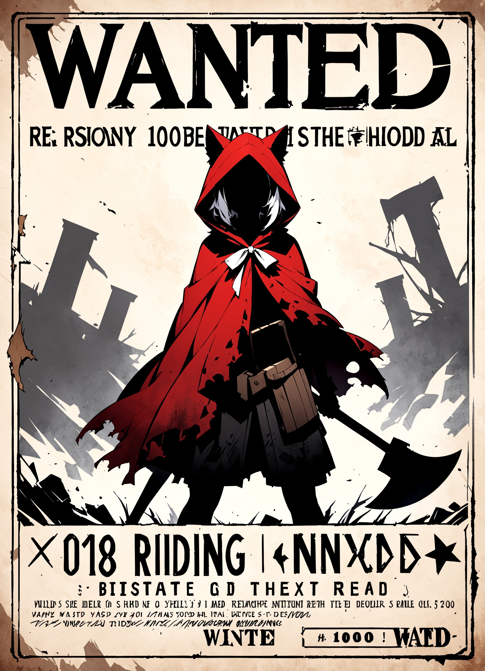 Red Riding Hood, defiant, WWII resistance poster, axe held high, tattered red cloak, wolf silhouette, gritty textures,silhouette:0.5,"wanted","$100,000"