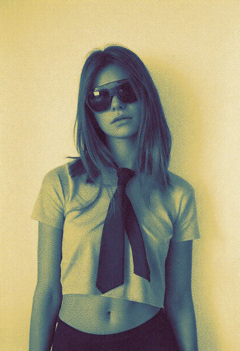 hair partially obscuring her face. grainy,  pixelated texture,  Her skin tone is depicted in varying shades of blue and te...