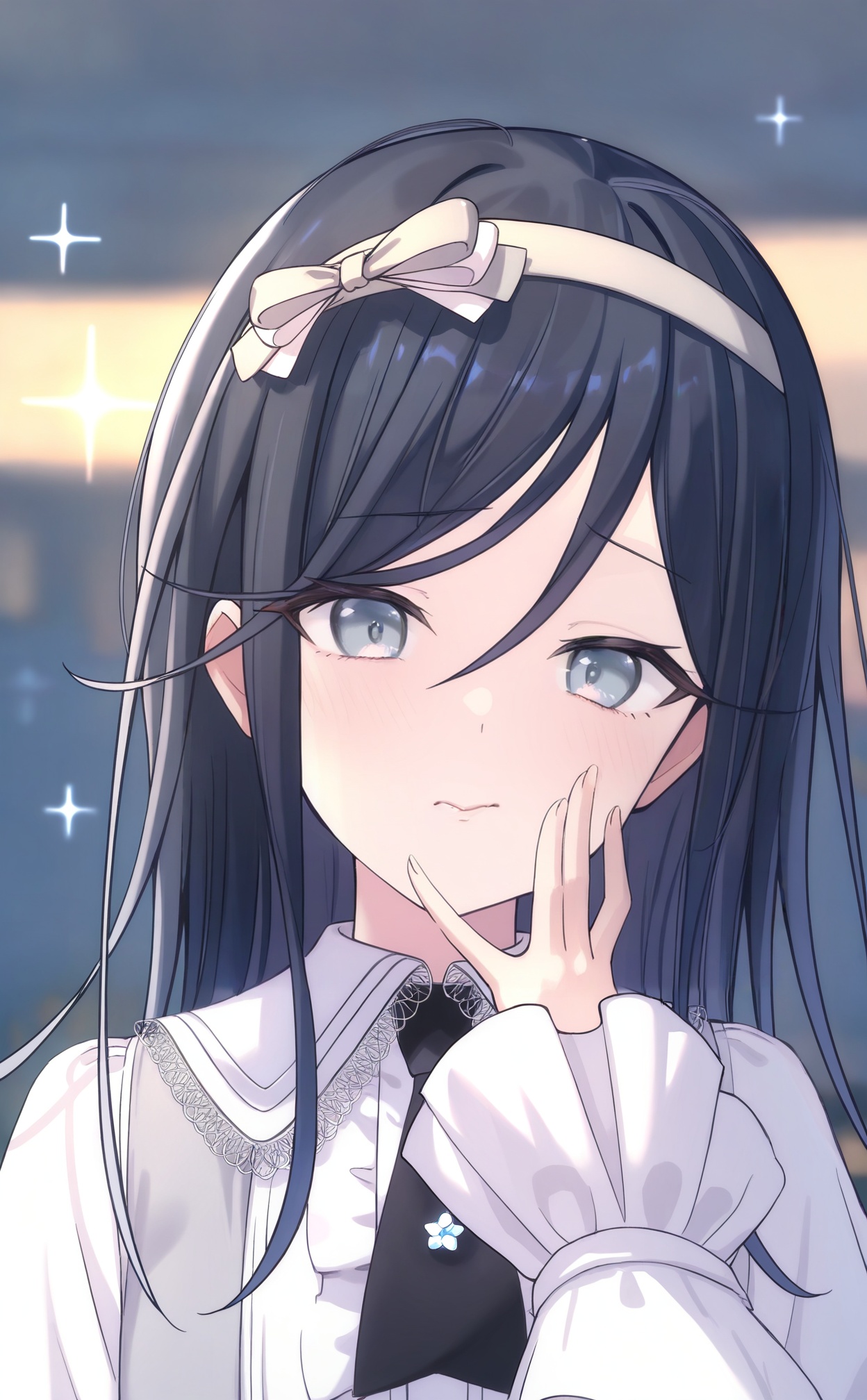 masterpiece,absurdres,best quality,loli,petite,high quality,//,1girl, blurry background, solo, blurry, black hair, hairband, long hair, looking at viewer, sparkle, closed mouth, collared shirt, hand on own face, swept bangs, shirt, portrait, frilled sleeves, black necktie, blue eyes, hair between eyes, hand up, long sleeves, dot nose, fingernails, depth of field, white shirt, close-up, necktie, hand on own cheek, tsurime, ribbon, straight hair, grey eyes, frills, white hairband, bow hairband, sleeves past wrists, lace trim, upper body, lace, grey ribbon//,<lora:timmoo2——【noob】hans:1>,