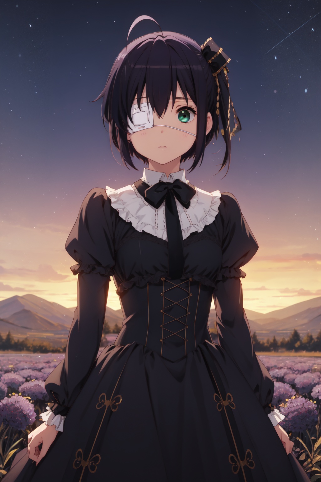 <lora:Rikka-000006:0.8>,Rikka CYQL,1girl,looking at viewer,solo,black hair,short hair,ahoge,ribbon,one side up,green eyes,eyepatch,medical eyepatch,dress,lolita fashion,long sleeves,teasing_smile,portrait,Lavender, Hills, Purple blooms, Fragrance, Bees, Farmhouse, Sunset,(Eucalyptus trees, Red soil, Koalas, Eucalyptus scent, Outback landscape, Aboriginal art:0.5),beautiful detailed sky,beautiful detailed glow,posing in front of a colorful and dynamic background,masterpiece,best quality,beautiful and aesthetic,contrapposto,female focus,wallpaper,