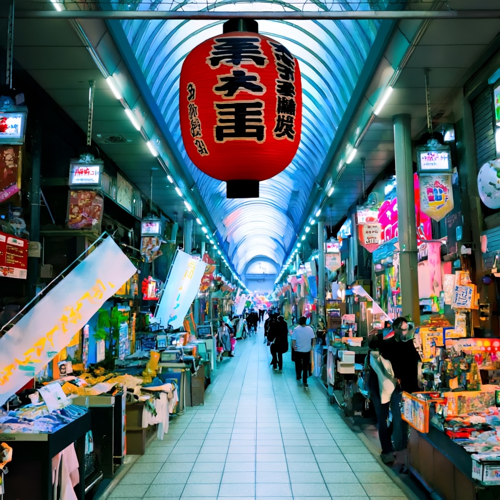 The Tenjinbashi-suji shopping arcade in Japan extends into a seemingly endless,  covered passage,  bathed in bright on Ten...