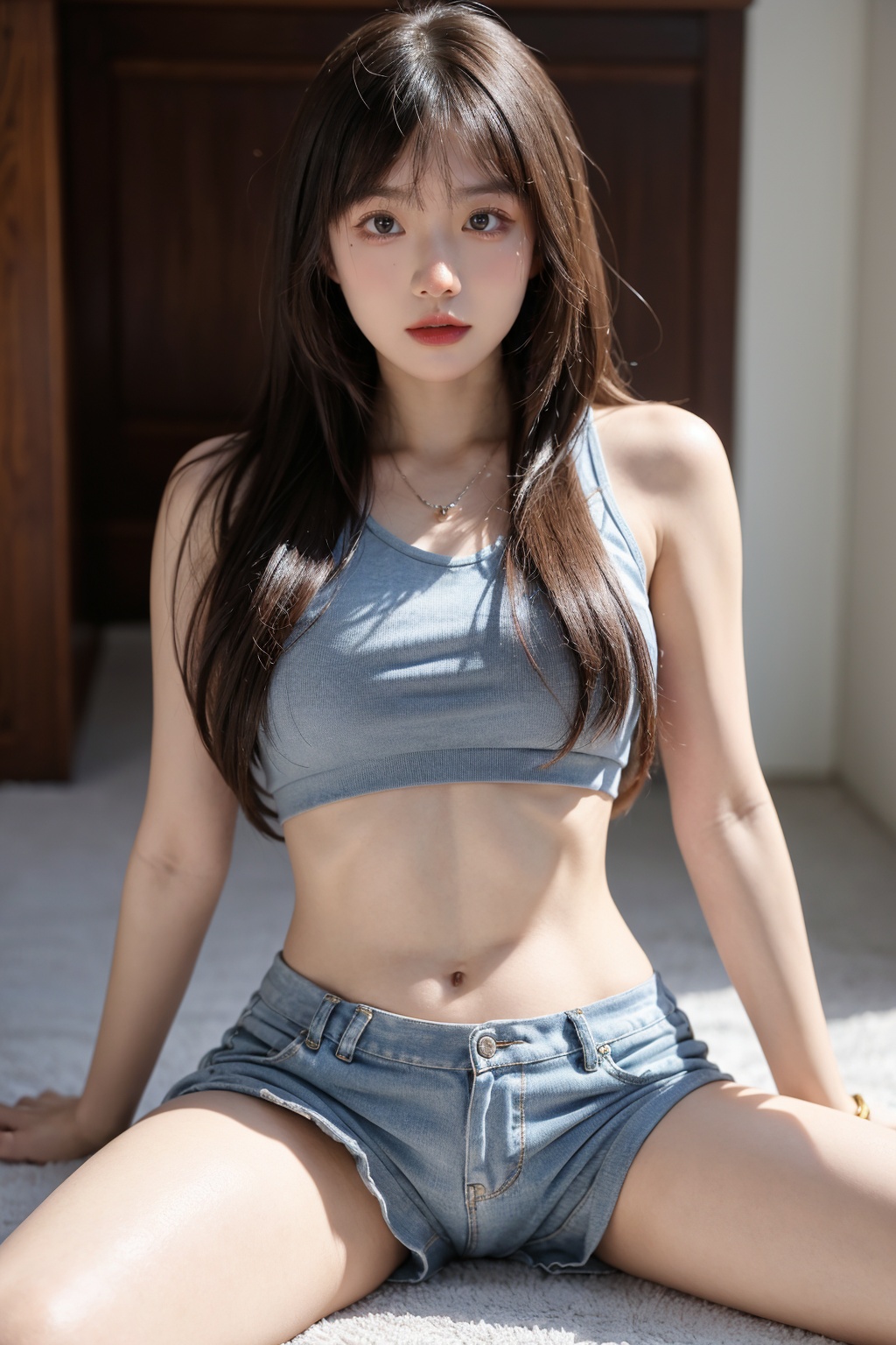 Long hair, jewelry, 1girl, looking at viewer, blur, solo focus, bangs,Dresses,Oblique Angle of view,(whole body:1.1),midriff, shorts,sitting,(yizima:1.4),(spread legs:1.4),<lora:YG诱惑舞蹈姿势02:0.75>,