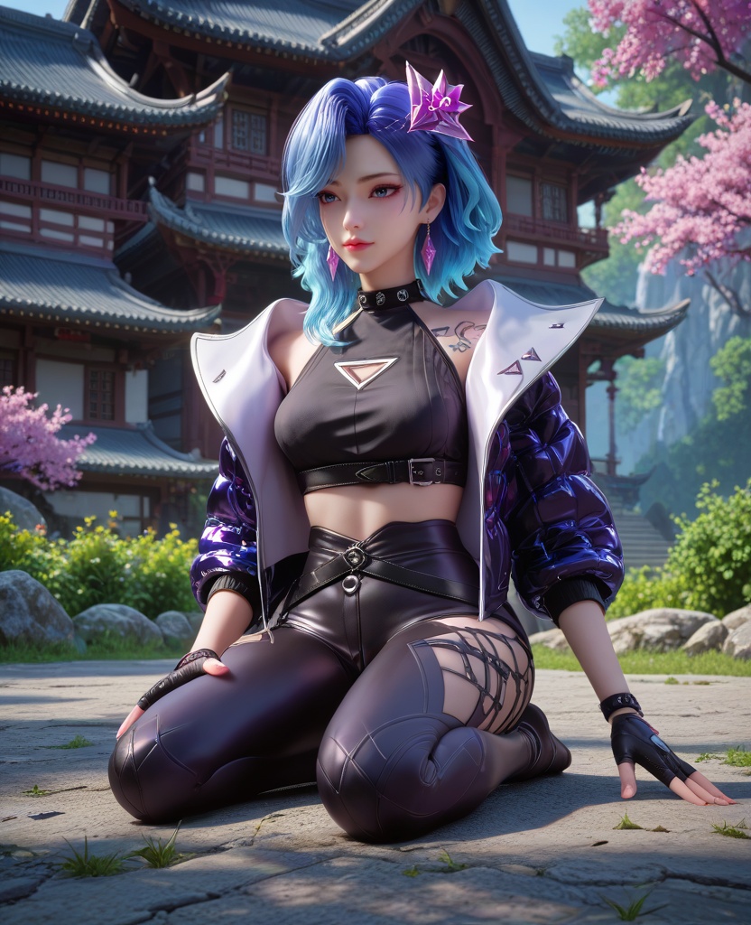 (oriental architecture, elegant decor, sophisticated style:1.1),(Kneeling with one knee on the ground, head tilted,:1.1),(breasts:1.2),<lora:XL16克金玩家柳菲:0.95>,miss liufei,atropurpureus jacket,black crop top,blue eyes,blue hair,hair ornament,earrings,gem,black fingerless gloves,tattoo,belt,leggings with built-in heels,, score_9,score_8_up,score_7_up,score_6_up,score_5_up,score_4_up,3d rendering,tag1,tag2, Cinematic Lighting,backlighting,, zPDXL3, zPDXL2,zPDXL, zPDXLxxx, zPDXLrl,
