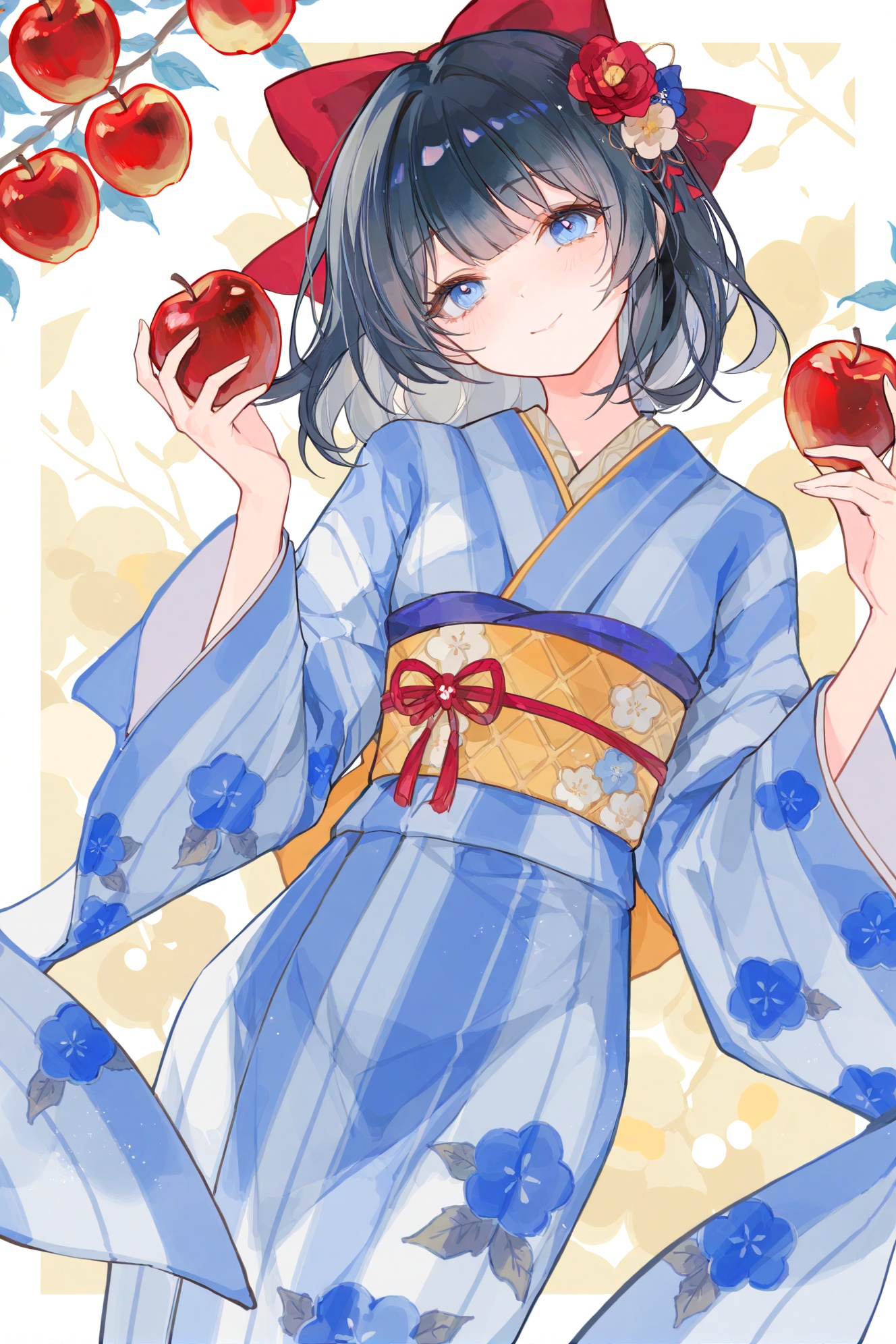 akengichi,simple,crisp,gwwj,ezu,Tender,(masterpiece:1.1),(best quality:1.1),dynamic_angle,(extremely delicate and beautiful:1.1),(huge filesize:1.1),(Noise and grain:1.1),(amazing quality:1.1),\\//, 1girl, holding, food, solo, fruit, japanese clothes, blue eyes, holding fruit, flower, kimono, holding food, apple, traditional media, bow, blue kimono, black hair, wide sleeves, looking at viewer, hair bow, smile, hair ornament, watercolor \(medium\), hair flower, long sleeves, vertical-striped clothes, medium hair, painting \(medium\), striped clothes, head tilt, sash, striped kimono, closed mouth, red bow, border