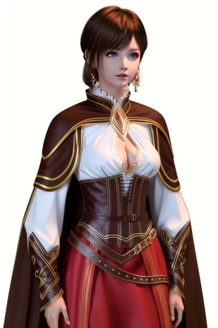 ((HRD, HUD, 8K)),((masterpiece, best quality)), highly detailed, soft light,1girl, solo, hair ornament, brown hair, short hair, bangs, green eyes, lips,jewelry, earrings,  breasts, cleavage, corset, cleavage cutout, cape, simple background, (white background:1.2), cowboy shot, standing, looking at viewer,  <lora:20240403-1712109093604:0.73>