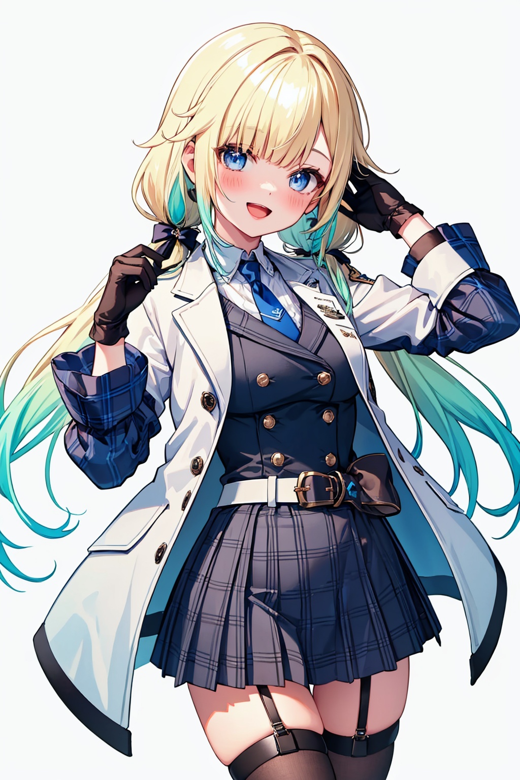 masterpiece,best quality, highly detailed, aizawa ema,1girl, solo, virtual youtuber, smile, skirt, black footwear, white jacket, white background, open mouth, blush, belt, looking at viewer, boots, garter straps, hair bow, armband, shirt, blue necktie, black thighhighs, low twintails, plaid, gloves, simple background, breasts,<lora:aizawa_ema:1>