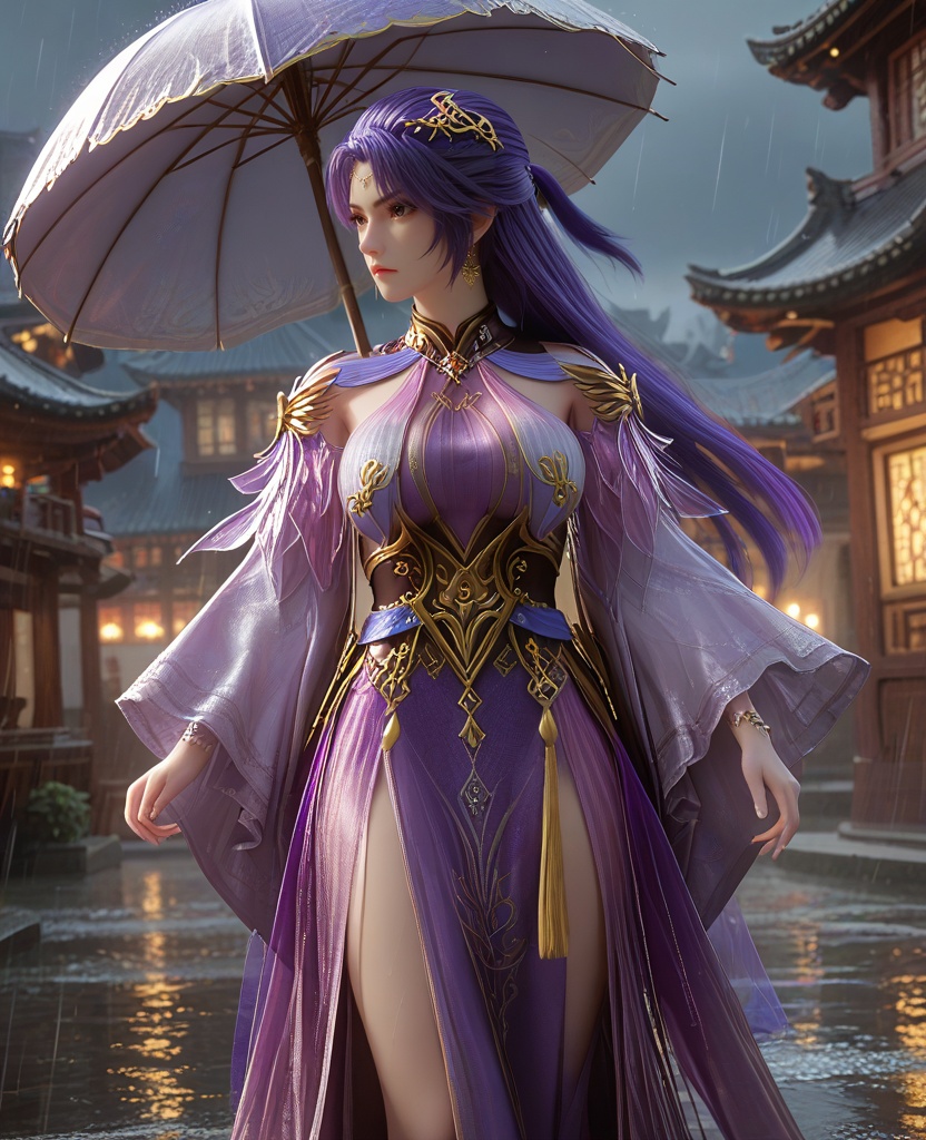 (Walking with an umbrella in the rain, looking determined and resilient,:1.1),(large breasts:1.2),<lora:XL16云深不知梦叶青梧:0.95>,miss yeqingwu,violet panel dress,purple hair,half-up ponytail style,long hair,hair ornament,earrings,jewelry,wide sleeves,sash,, score_9,score_8_up,score_7_up,score_6_up,score_5_up,score_4_up,3d rendering,tag1,tag2, Cinematic Lighting,backlighting,