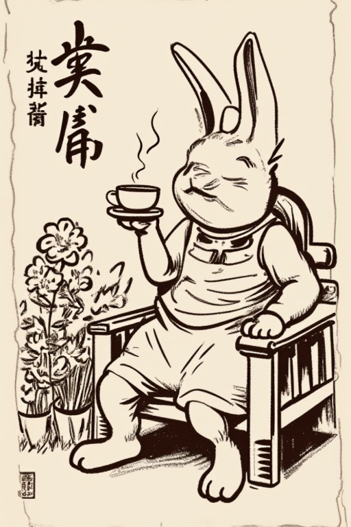 manhua,The poster read with text 'Happy Time',a rabbit is sit on a chair,drinking a cup of tea,very happy,flowers behind,