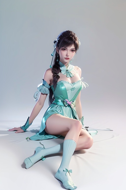 ,1girl,solo,black hair,long hair,realistic,ribbon,sitting,socks,bow,hair bow,lips,hair ribbon,dress,