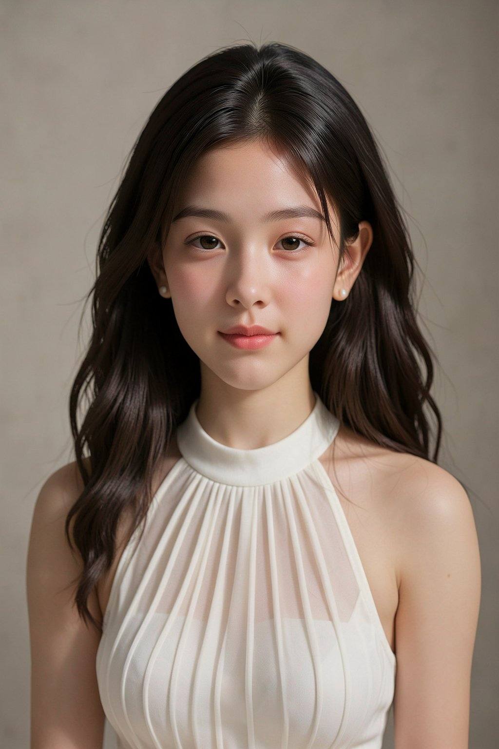 A young East Asian woman with dark hair and light brown eyes is positioned centrally,  facing the viewer. She has a fair c...