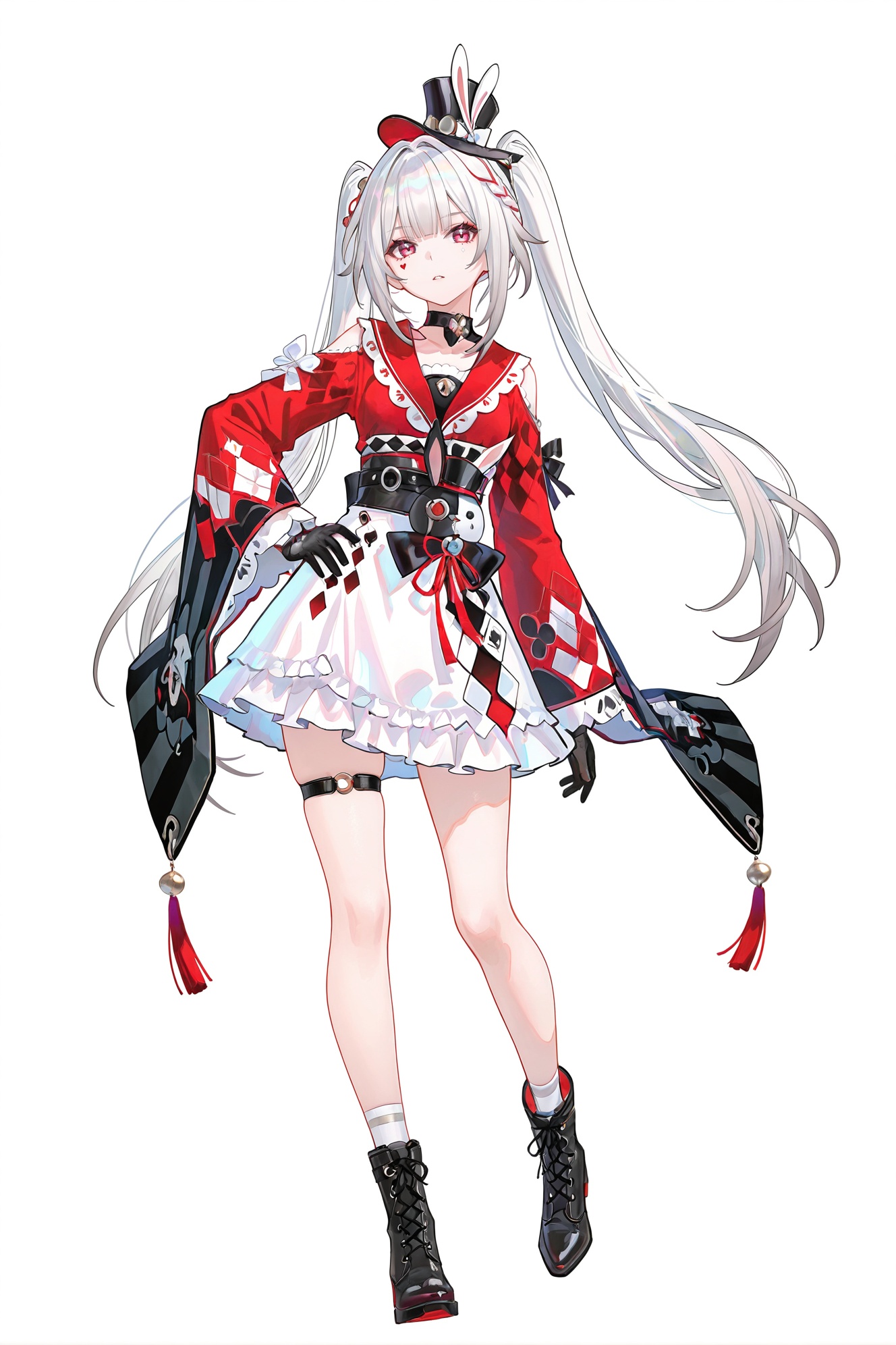 8k,best quality,masterpiece,(ultra-detailed),(high detailed skin),((artist:reoen),(artist:fuzichoco),(artist:atdan),(artist:torino_aqua),year 2024:0.8)1girl,[artist:wlop],[artist:ningen_mame],artist:ciloranko,[[artist:rhasta]],artist:tidsean,colorful,full body,full shot,standing,(solo:1.2),simple background,(white background:1.2),hand on own hip,(white background:1.1),looking at viewer,<lora:huahuoXhuohua-ill-Tanger:0.8>,Sparxie \(Honkai: Star Rail\),white hair,heart and diamond facial marks,clothes: Sparxiedef red-and-white short dress,1girl,long hair,long sleeves,hat decorated with a rabbit plush,twintails,boots,black gloves,wide sleeves,kimono,black footwear,black bow,thigh strap,top hat,