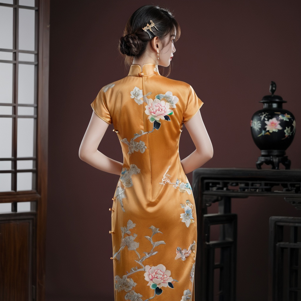 (Solo),from behind, full body, a 20-year-old beautiful idol girl wearing cheongsam, simple background, indoor, standing,