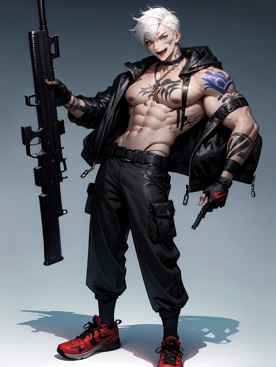 hezi, Cyberpunk, Sotai, tattoo, 1boy, muscular, solo, abs, male focus, muscular male, weapon, arm tattoo, pectorals, bara, pants, nipples, gun, jacket, large pectorals, navel, jewelry, belt, shoes, gloves, open clothes, white background, bare pectorals, looking at viewer, earrings, collar, white hair, open mouth, tongue, smile, holding, open jacket, teeth, short hair, holding weapon, simple background, black gloves, bandages, socks, black belt, chain, chest tattoo, blue eyes, bandaged arm, holding gun, piercing, biceps, black pants, choker, black jacket, tongue out, navel hair, stomach tattoo, thick arms, sharp teeth, buckle, fingerless gloves, fang, obliques, necklace, fangs, rifle, ear piercing, sleeveless, grey hair, full body, no shirt, mature male, sneakers, black socks, torn clothes, artist name, hood, vest, belt collar, black choker, stomach, standing, belt buckle<lora:索泰:0.7>